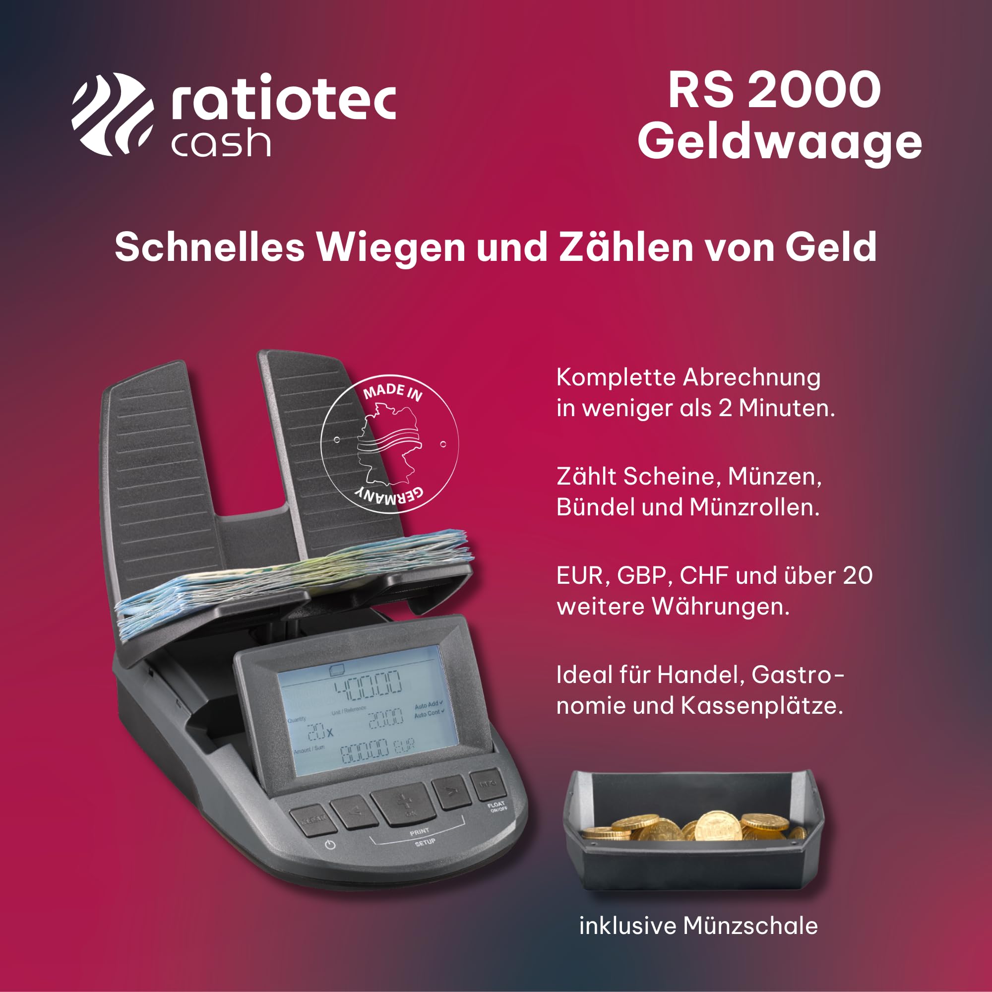 ratiotec RS 2000 Geldwaage - Geldzählmaschine für Scheine und Münzen - Münzzähler mit dynamischer Wiegefunktion - Kassenabrechnung in unter 2 Min. - Made in Germany