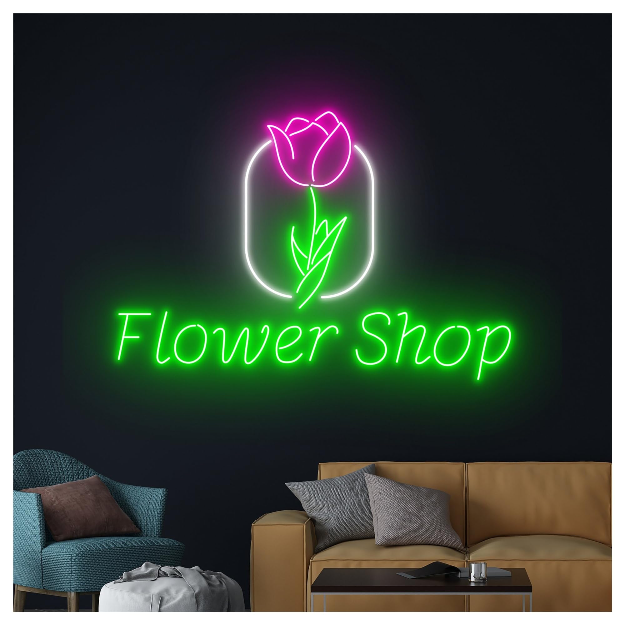Wiszące neony artystyczne Neonowa Dekoracja Ścienna Do Sklepu "Flower Shop"z Kwiatowym Napisem LED, Witryna Sklepowa, Wejście Firmy, 58cm