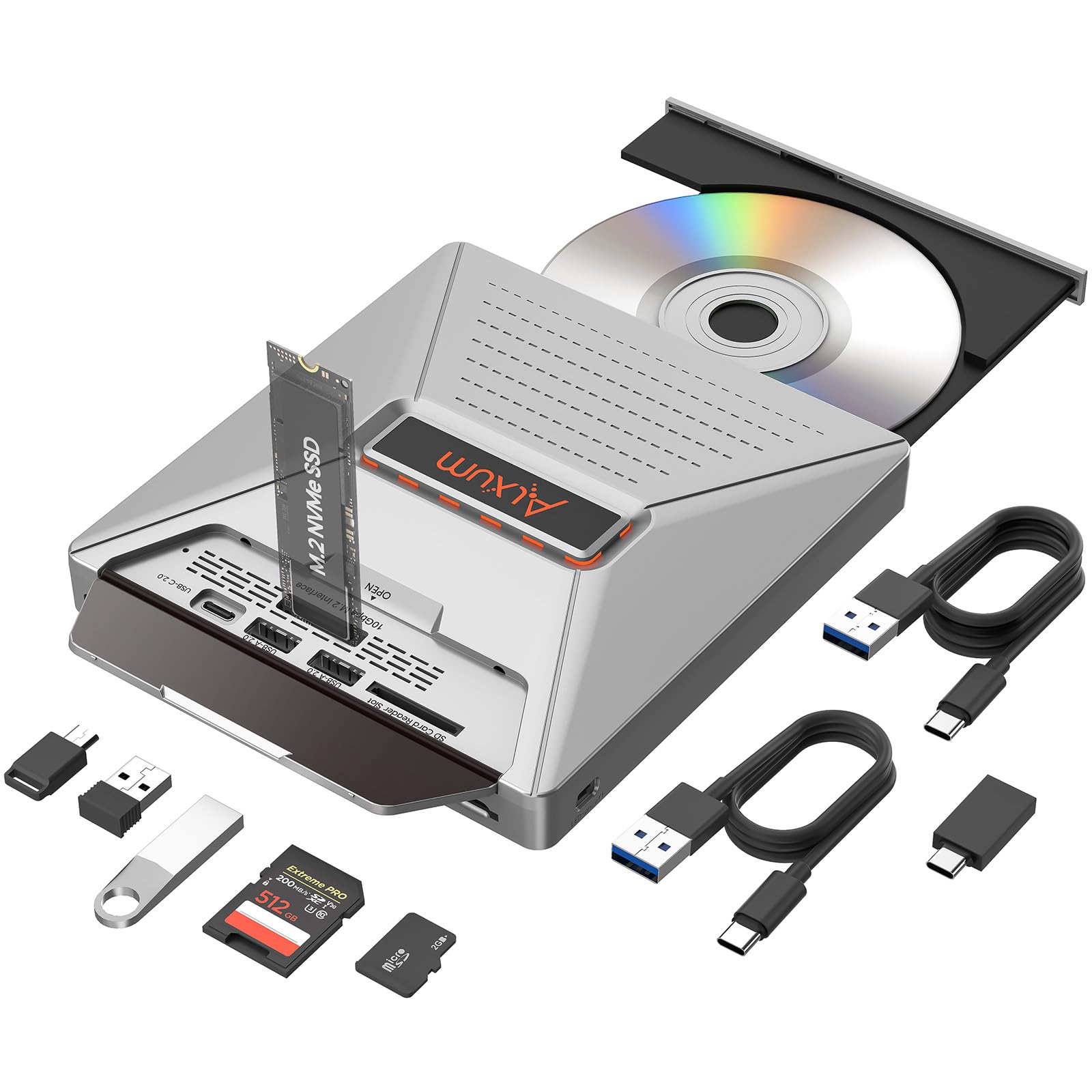 Alxum Externes DVD CD Laufwerk mit M.2 NVMe–10Gbps & SD/Micro SD Kartenslot, Kartenleser und USB-Anschlüsse, CD/DVD Brenner für Laptop, Desktop, MacBook, Windows, Linux, Mac OS, Plug & Play