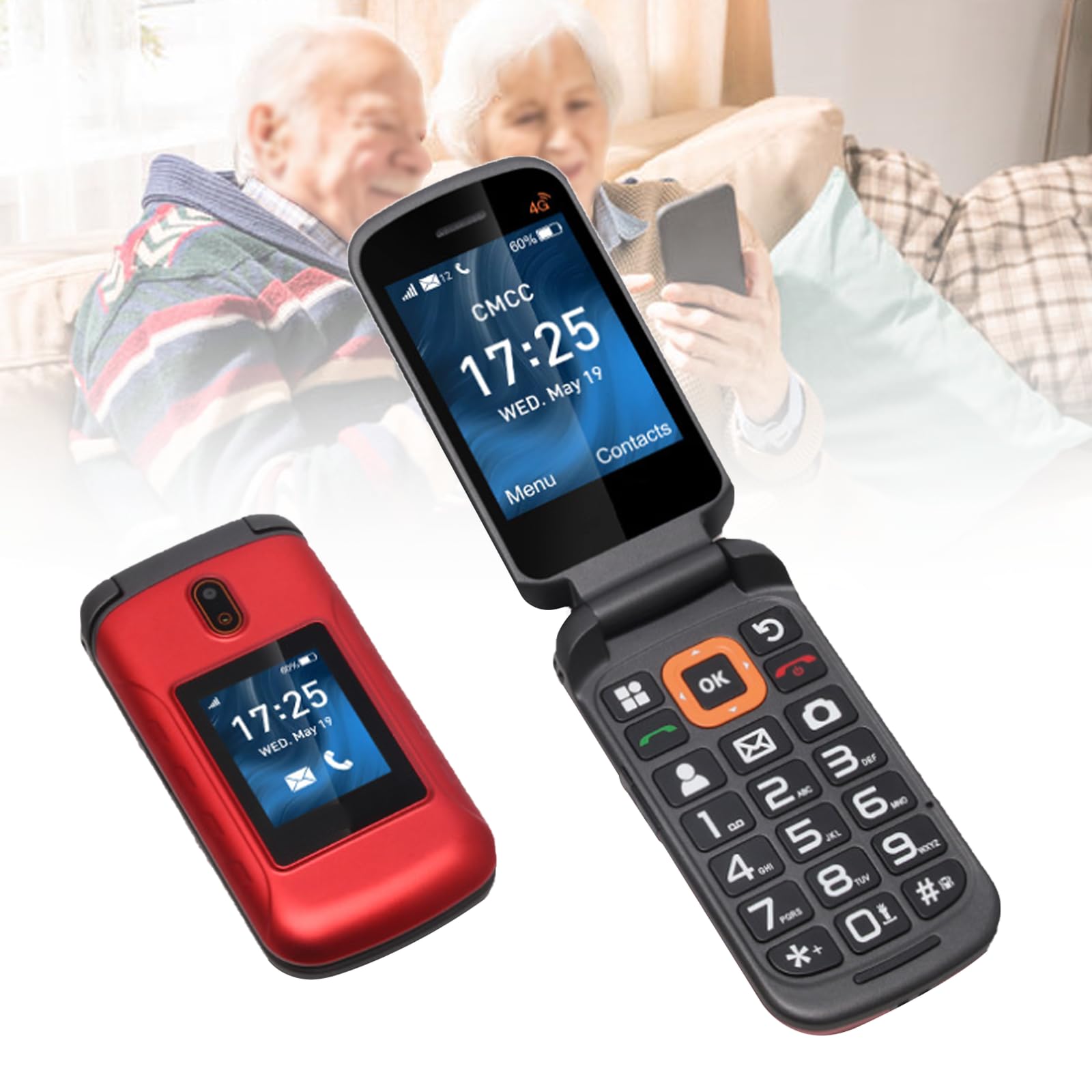 Basic Mobile Phones for the Elderly and Kids, Unlocked Dumb Phones, Cell Phones Without Internet - with Big Buttons, MP3, MP4, Camera, Flashlight, SOS,Red