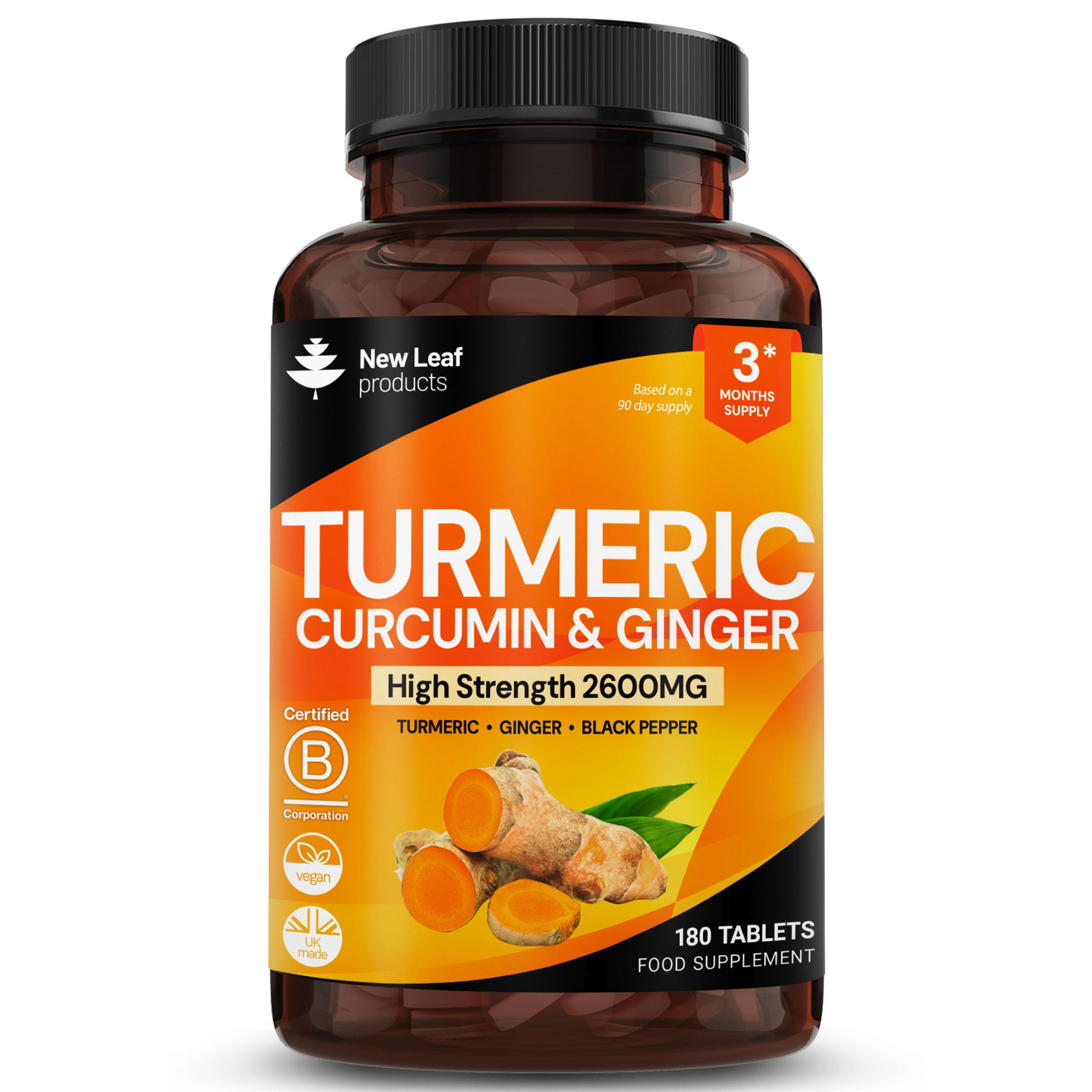 Turmeric Tablets 2600mg with Black Pepper & Ginger - 95% Curcumin Extract -180 Turmerics and Black Pepper Tablets (3 Months) High Strength Active Turmeric Supplements Not Capsules,by New Leaf
