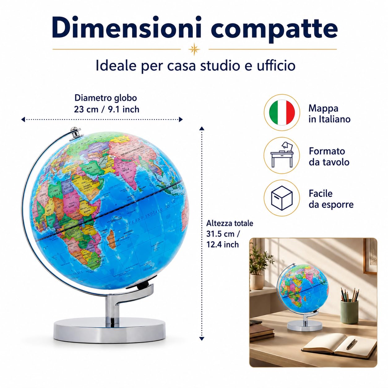 Exerz Mappamondo Illuminato 23cm Mappa Italiana Supporto Metallo LED | Modalità giorno notte con costellazioni senza fili per studio cameretta ufficio bambini dagli 8 anni e regali