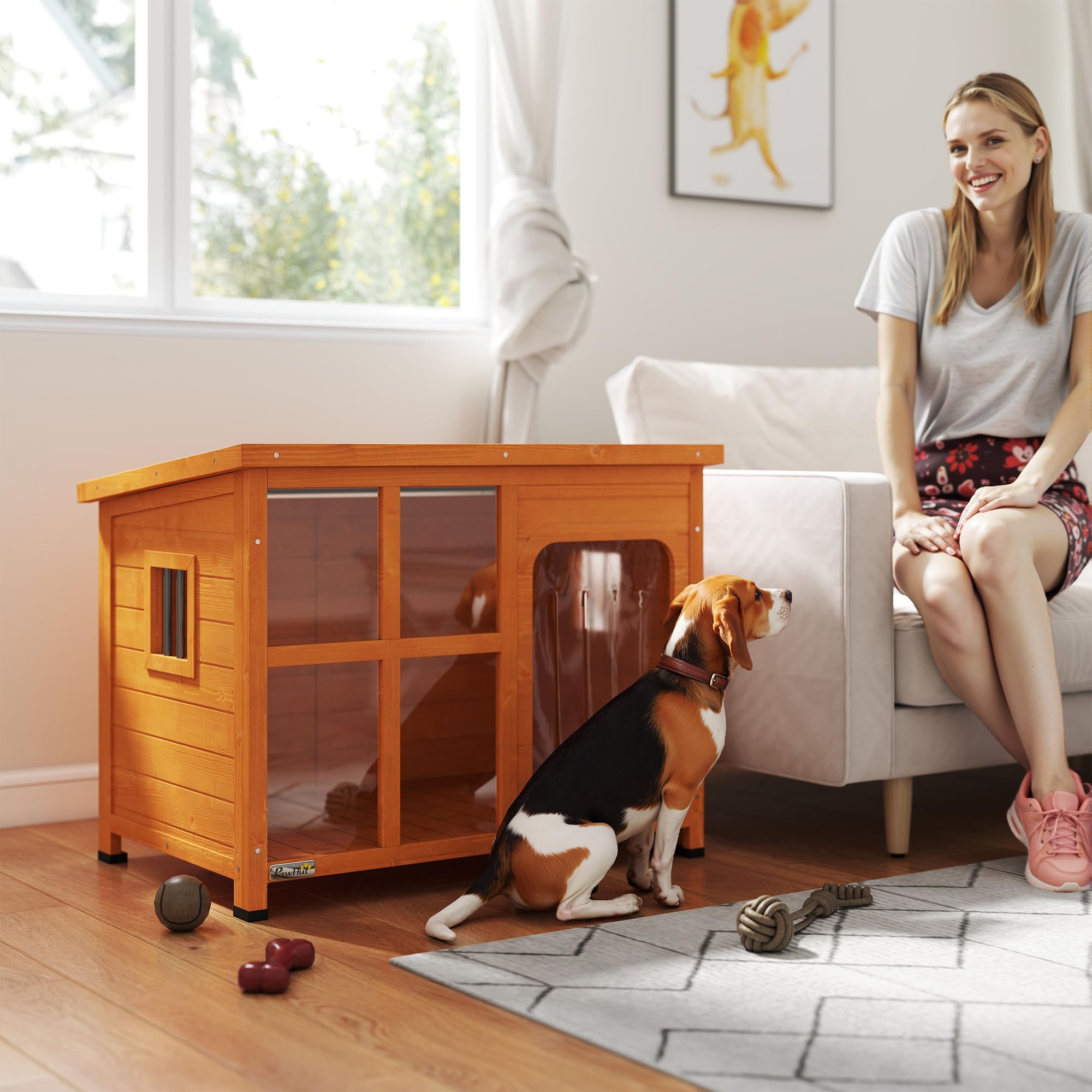 PawHut Caseta para Perros Exterior Casa para Perros Pequeños y Medianos con Techo Asfáltico Abatible Puerta con Cortina Panel Frontal Transparente y Base Extraíble 90x62x71 cm Natural