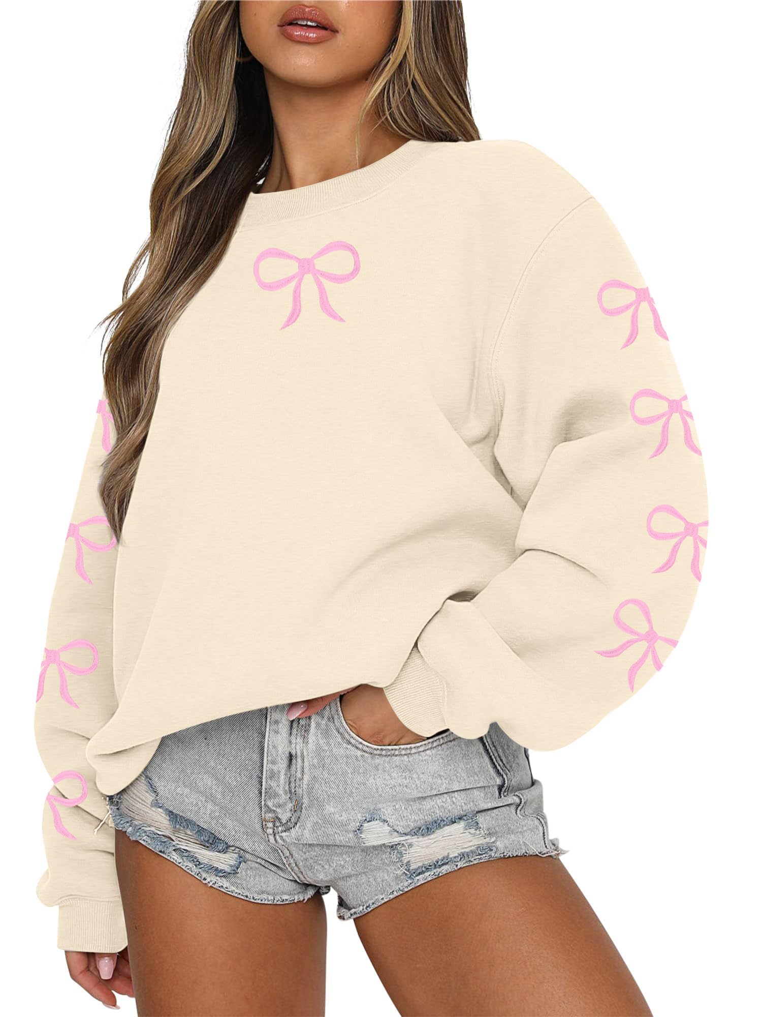 Oversized Bow Sweatshirt Cute Clean Girl Embroidered Sweatshirts Coquette Preppy Sweater Y2k Long Sleeve Pullover Top