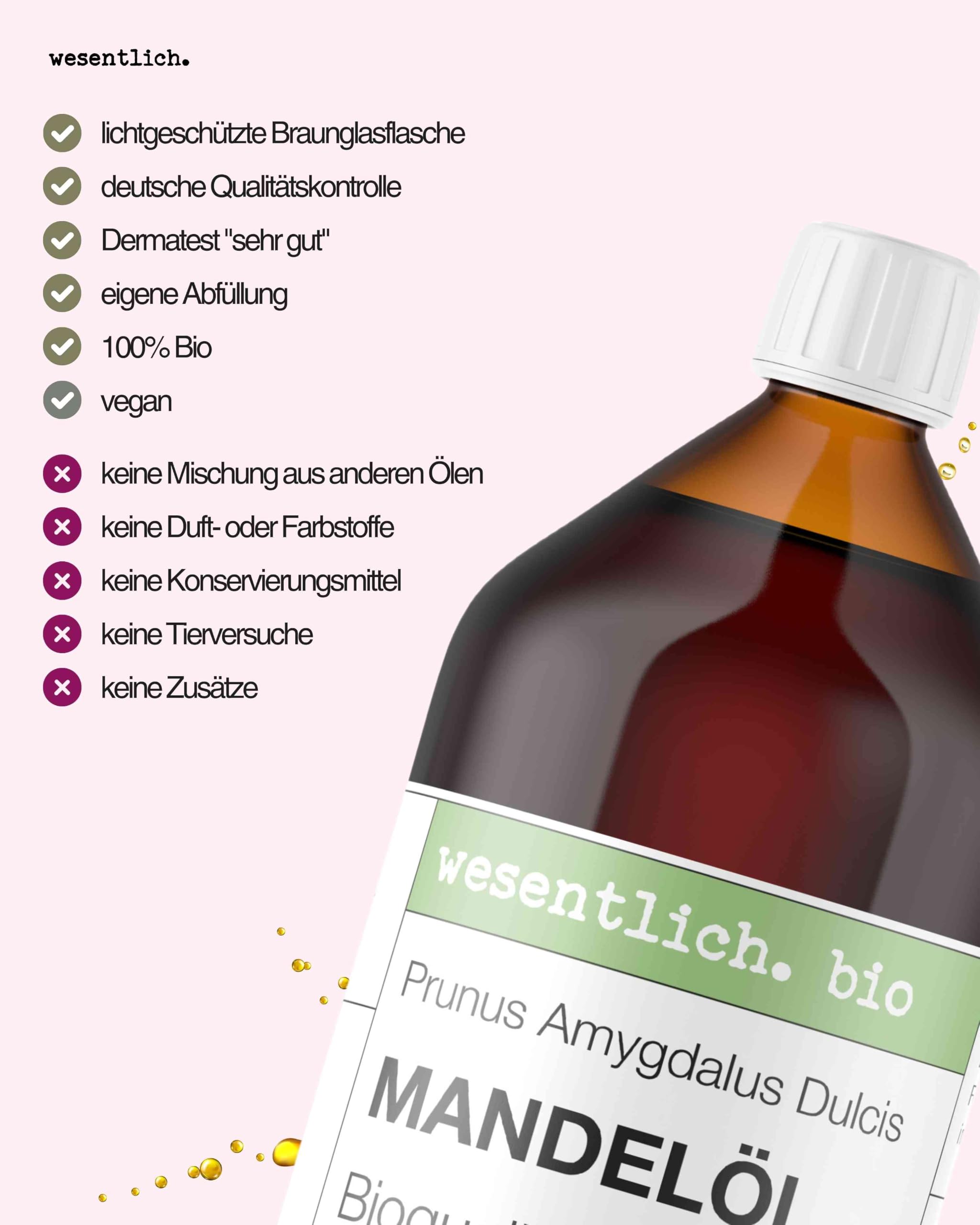 wesentlich. Mandelöl BIO kaltgepresst | für Kosmetik, Haare und Gesicht | Baby Pflege und Basis für Badeöl und Massageöl | 1000ml