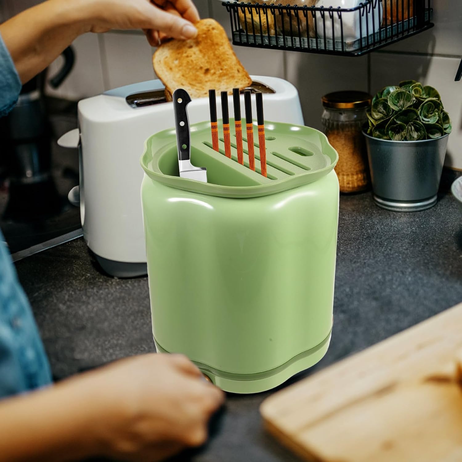 Cabilock Rotating Kitchen Cutter Holder and Chopstick Spoon Stand, Green Plastic Rotatable Utensil Organizer Rack for Countertop Storage and Dining Table Use