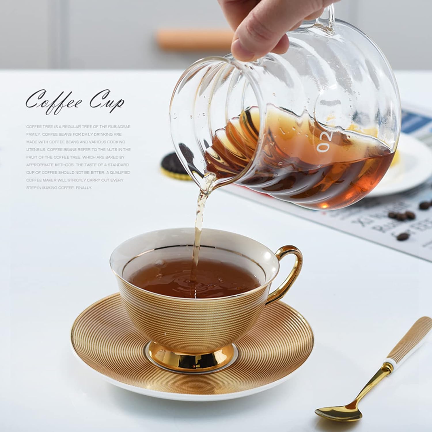 amokk Coffee Cup and Saucer Sets - 6.7 Oz Bone China Tea Cup with Saucer and Spoon - Fancy Coffee Mugs for Office, Coffee Table, Afternoon Tea (Gold)
