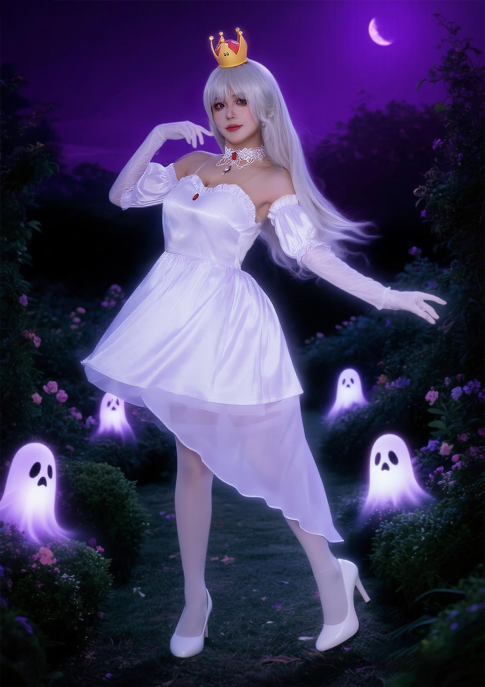 C-ZOFEK Boosette Costume Dress Booette Cosplay Princess White Boo Layered Ballgown Halloween