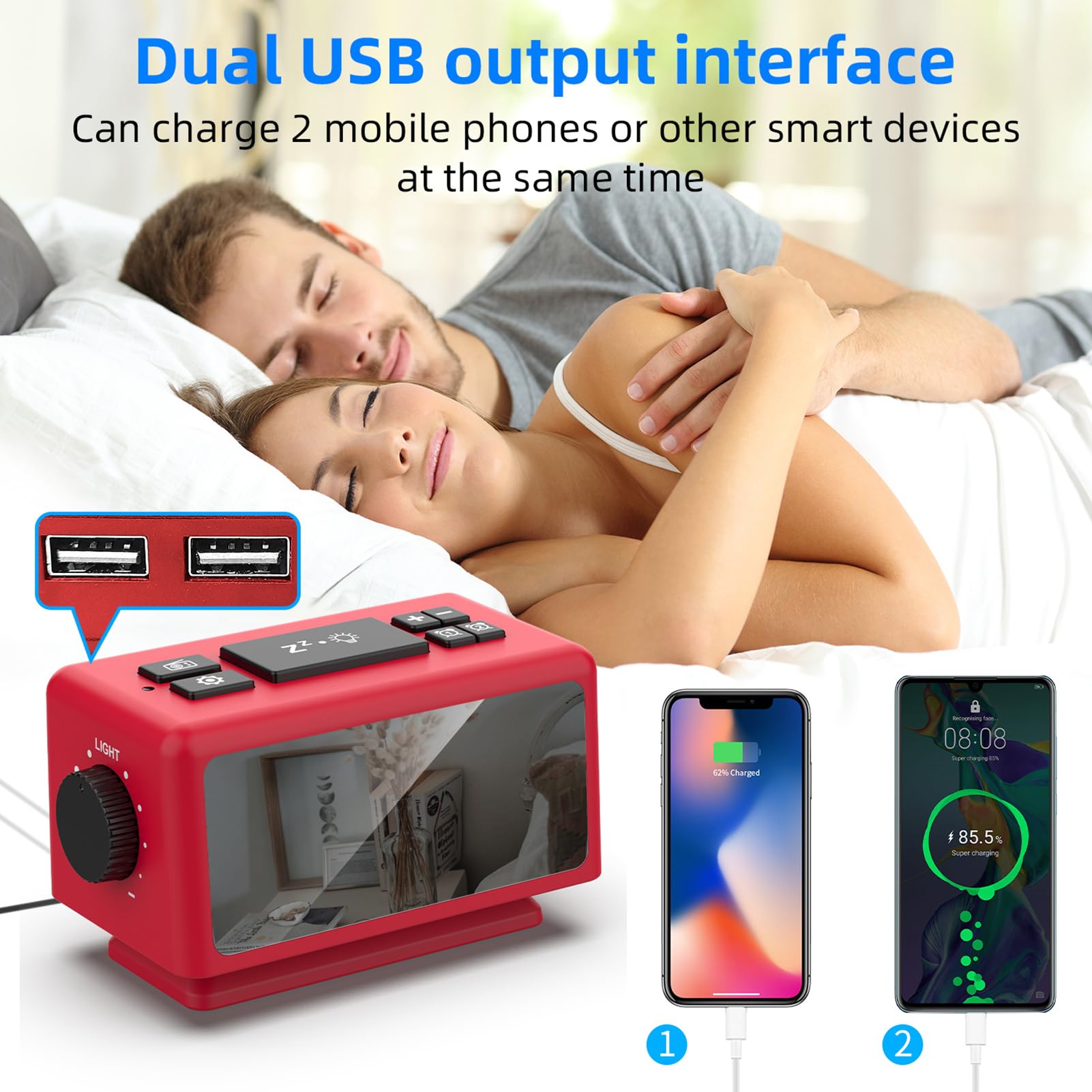 ThreeH Sveglia RGB con Radio 11 Colori Display Orario 12 Livelli Volume e Luminosità Regolabile Macchina del Suono del Sonno con 2 Porte di Ricarica USB Rosso