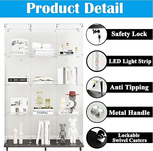 Miniatura 256 de Vitrina de cristal con 4 estantes con tira de luces LED y cerradura, vitrina de vitrina con ruedas y 1 puerta, vitrina de vidrio templado para sala