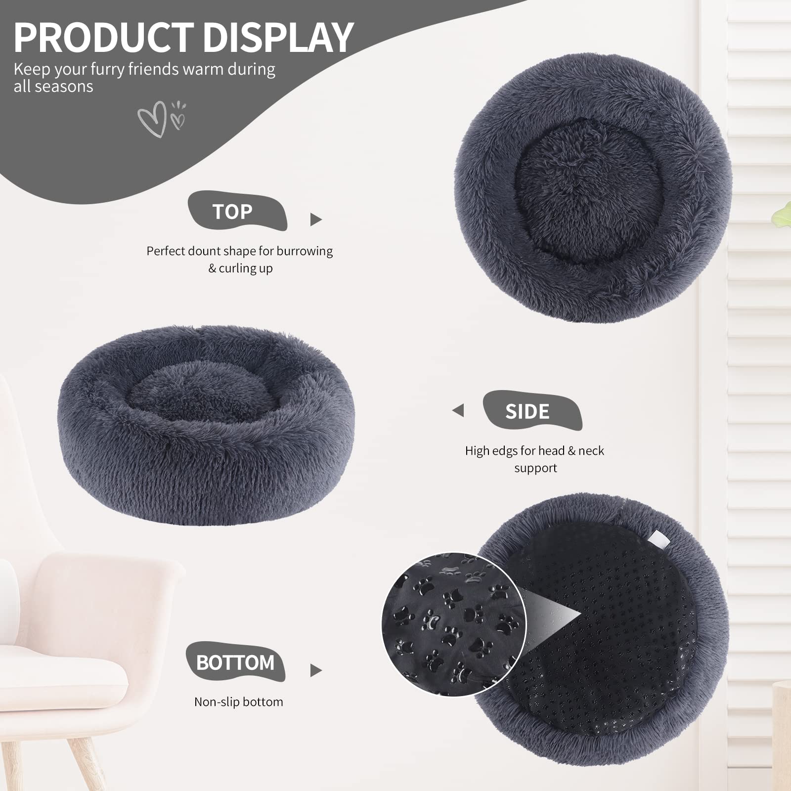 BVAGSS Soft Cuscini Letti Letto per Animali Rotondo Caldo Morbido soffice Peluche Sleeping Sofa per Gatti e Cani XH034 (Diameter:50cm, Dark Grey)
