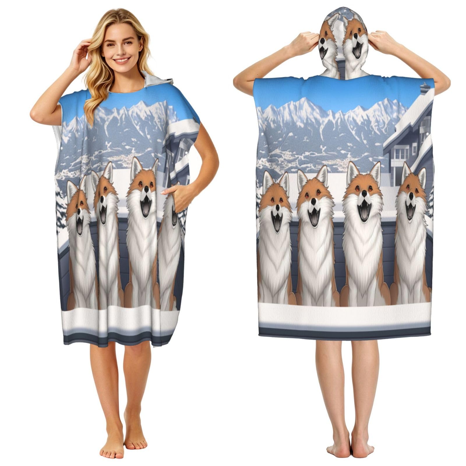 KLGRTJHK Happy Little Fox Adult Hooded Beach Poncho Towel 43"X35"