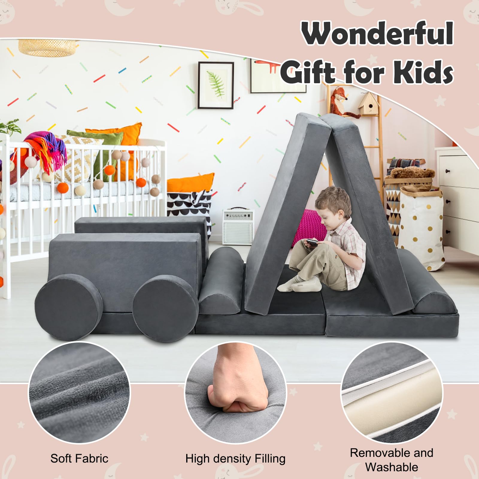 Spielsofa für Kinder,Kindersofa aus 10 Schaumstoff Bausteine, Flexibel Kombinierbare Kinder Couch Modulares Spielsofa zum Spielen, Kreativsein, Schlafen(120CM)