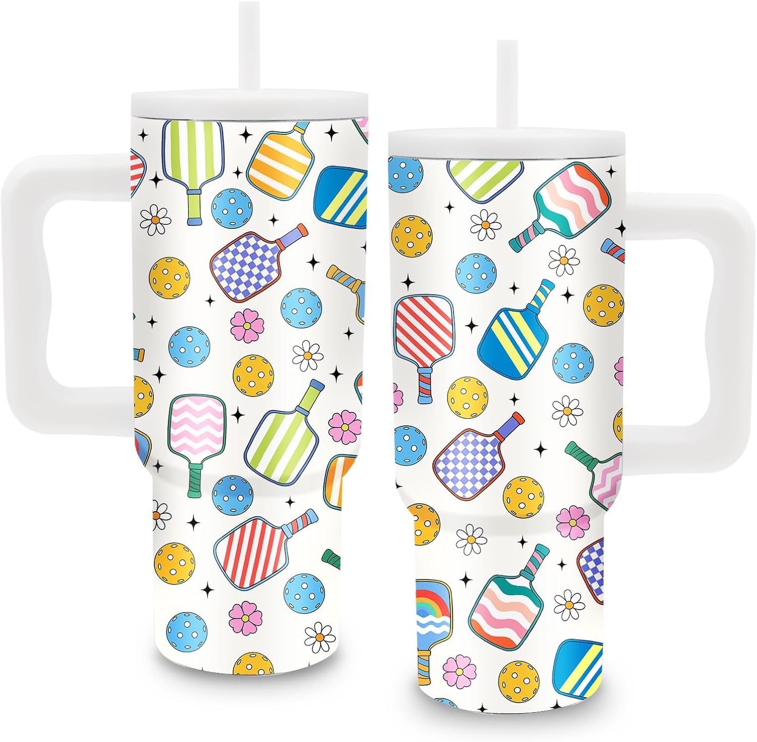 Pickleball Gifts for Women - 24 oz Pickleball Tumbler with Handle and Straw, Insulated Stainless Steel Cup, Leakproof, Travel Coffee Mug, BPA Free, Fits Car Cup Holders, Keeps Drinks Cold/Hot