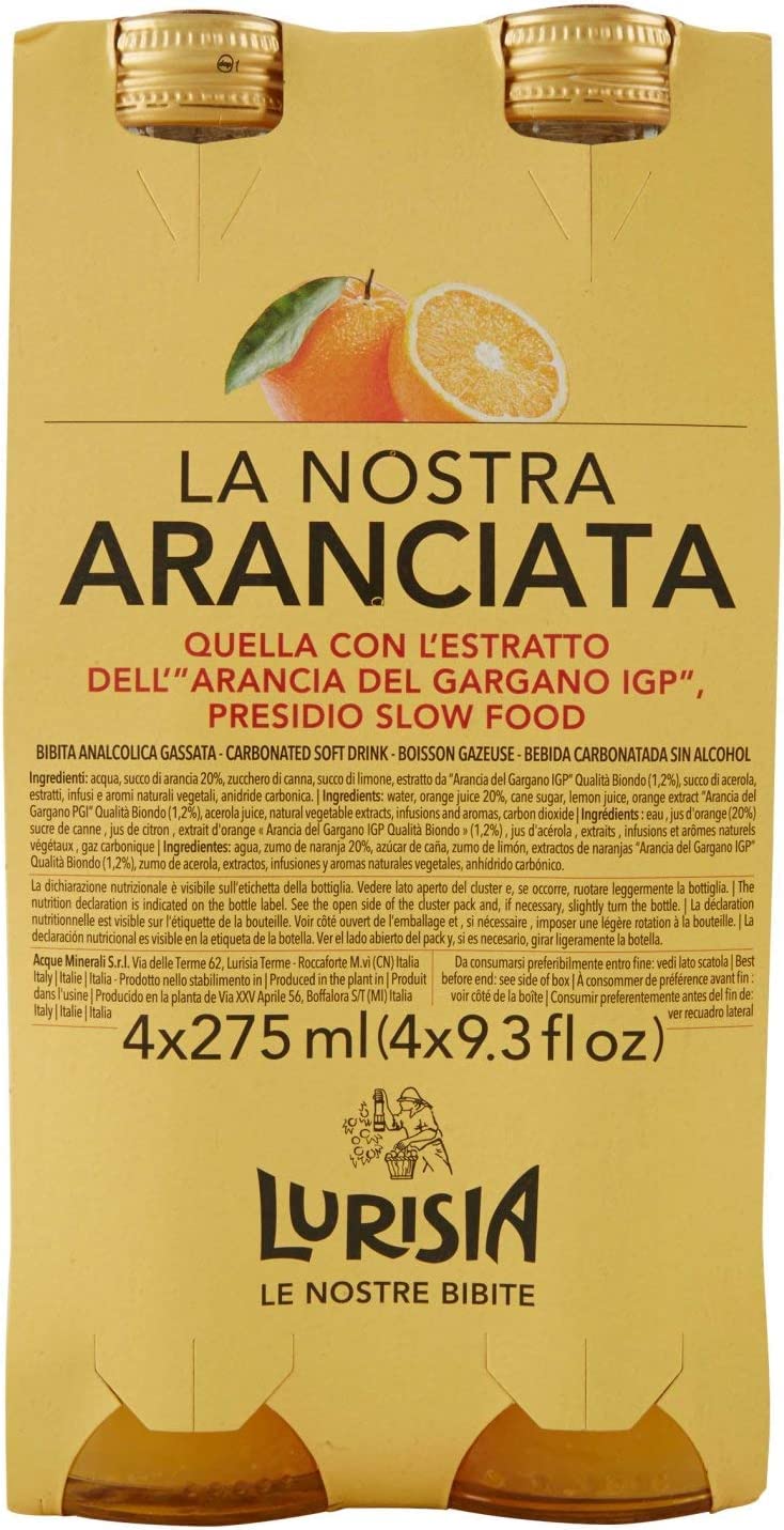 Lurisia Aranciata - 24 botellas de vidrio de 275 ml para bebidas no alcohólicas, hechas con zumo de naranja italiano y extracto de naranja de Puglia, sabor dulce