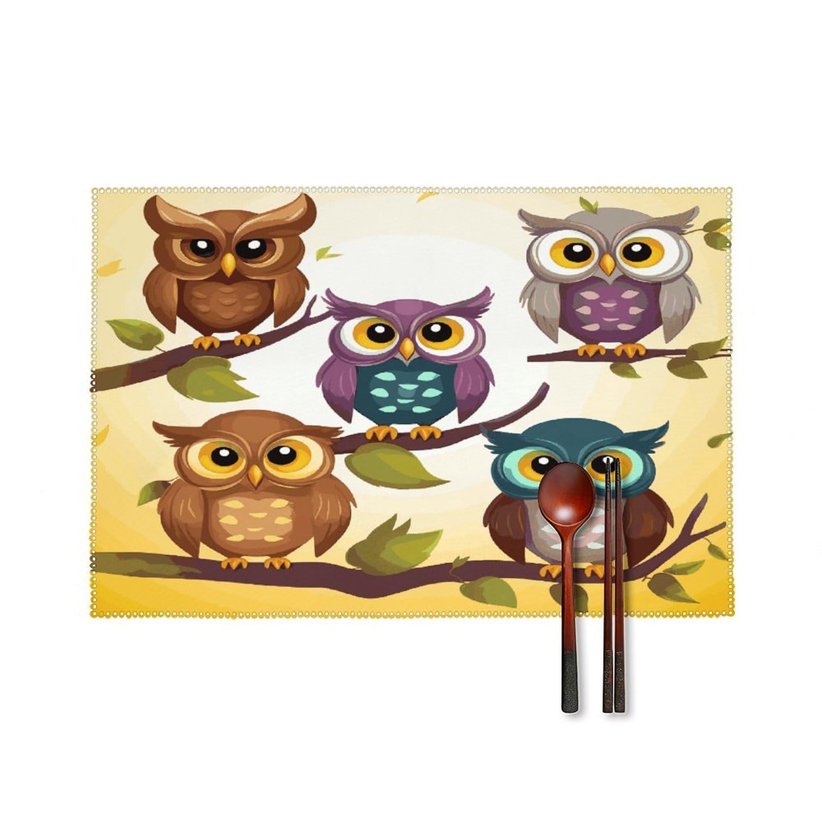 Owls Birds Placemats Set of 4 Canvas Place Mats Non-Slip Heat Resistant Table Mats Washable Waterproof Placemat Wipeable Tablemats for Kitchen Dining Decor Place Mat