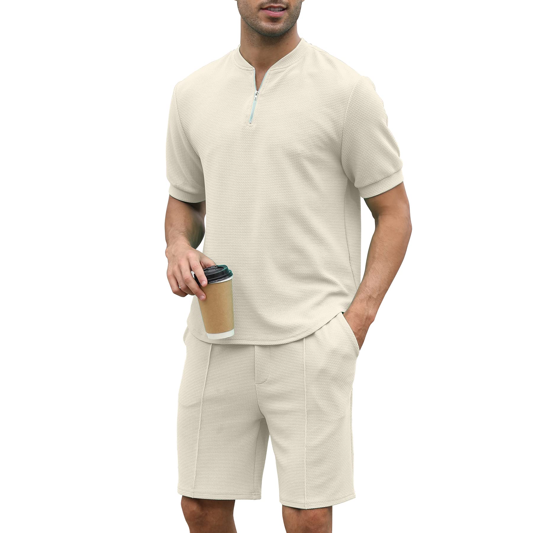 Survêtement 2 pièces homme beige ensemble jogging décontracté - 6