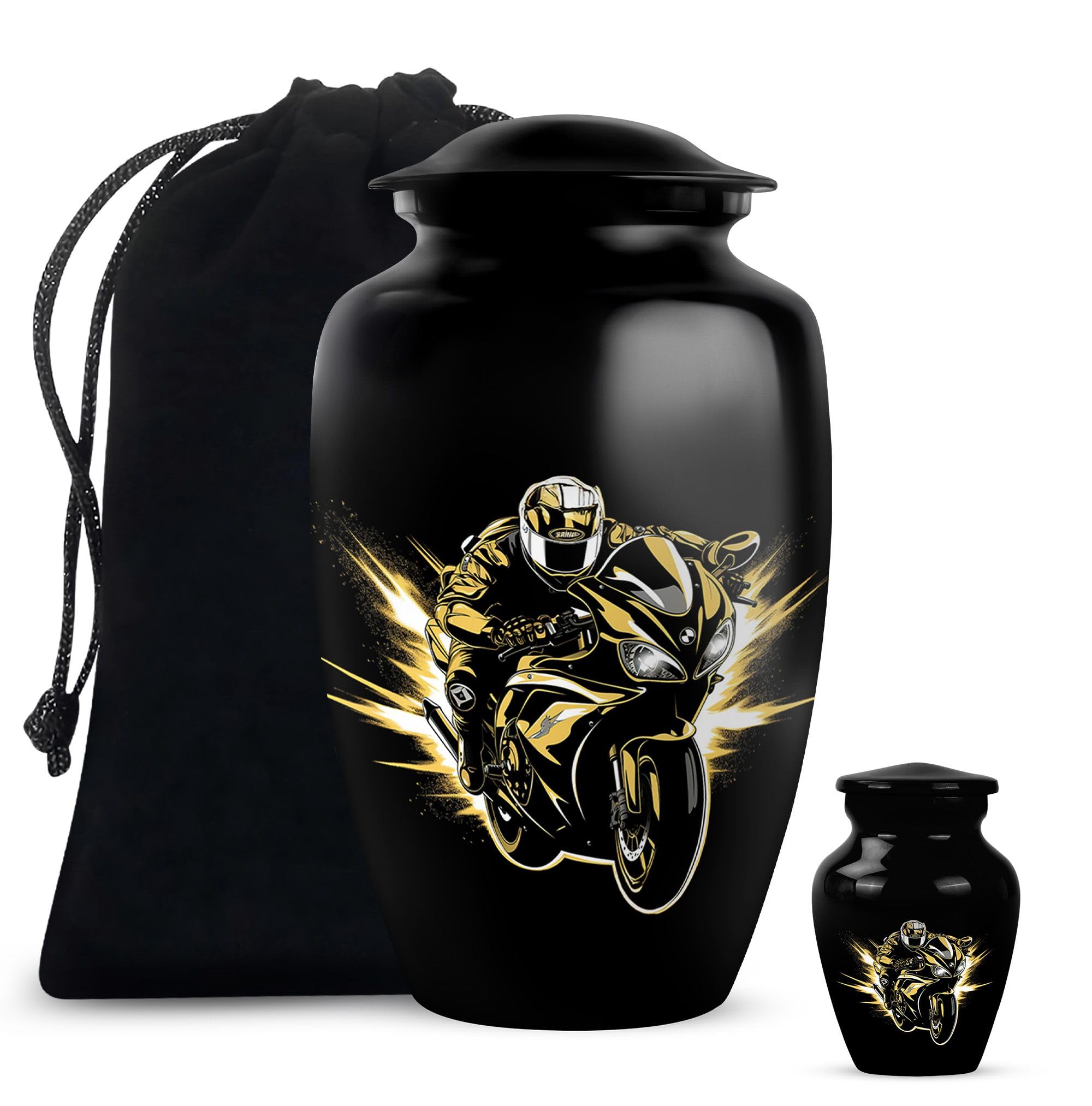 Memorial Urns for Human/Pet Ashes, Bike Theme Keepsake Urn for Ash, Funeral Remains, Decorative Gift for Male & Female, Combo, 10 Inch Large & 3 Inch Small