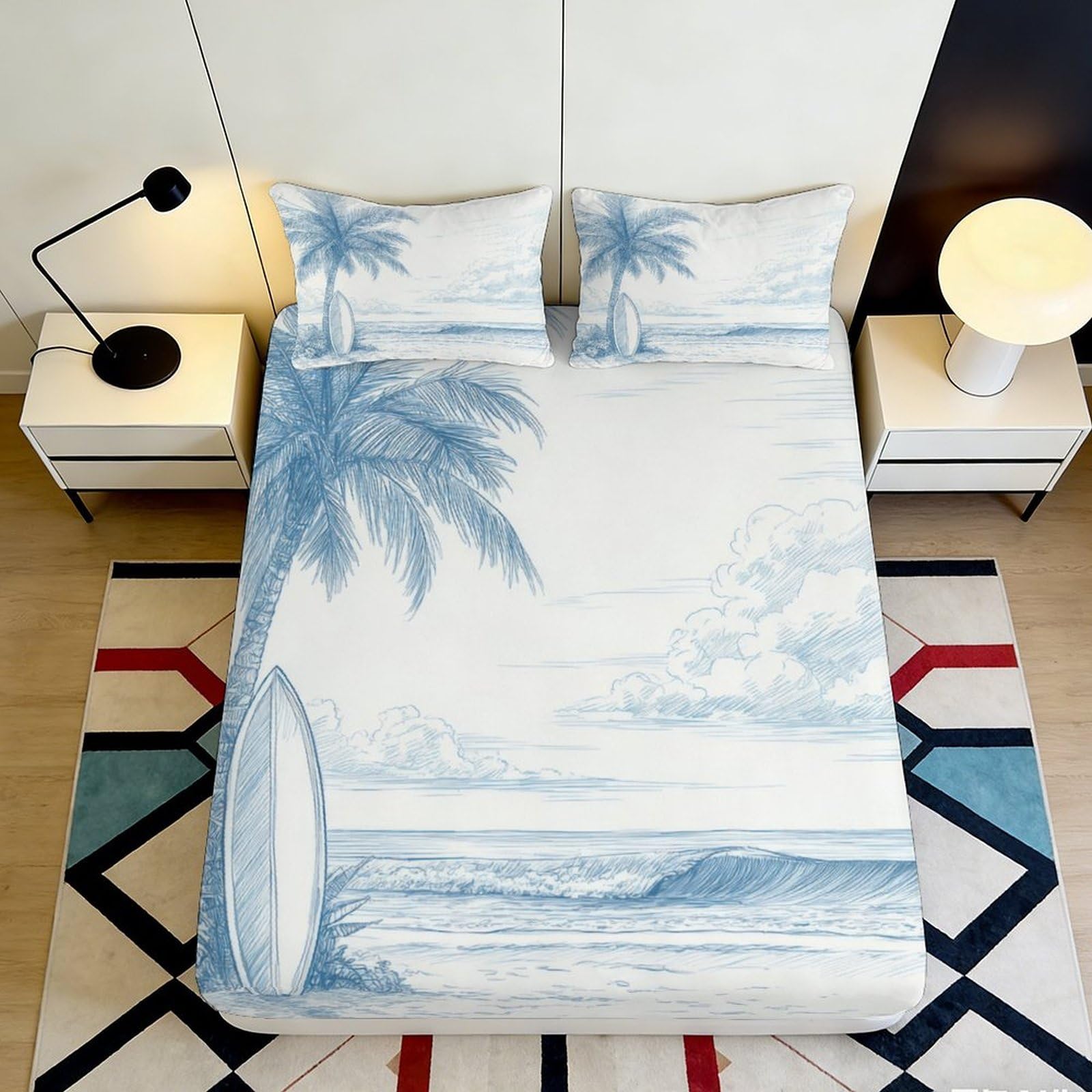 Pnayamiorkfel Style-4 3D Printed Tropical Palm Beach Fitted Sheet Microfiber Soft Easy Care Ocean Wave Mattress Cover Bedroom Decor 90X200x25cm