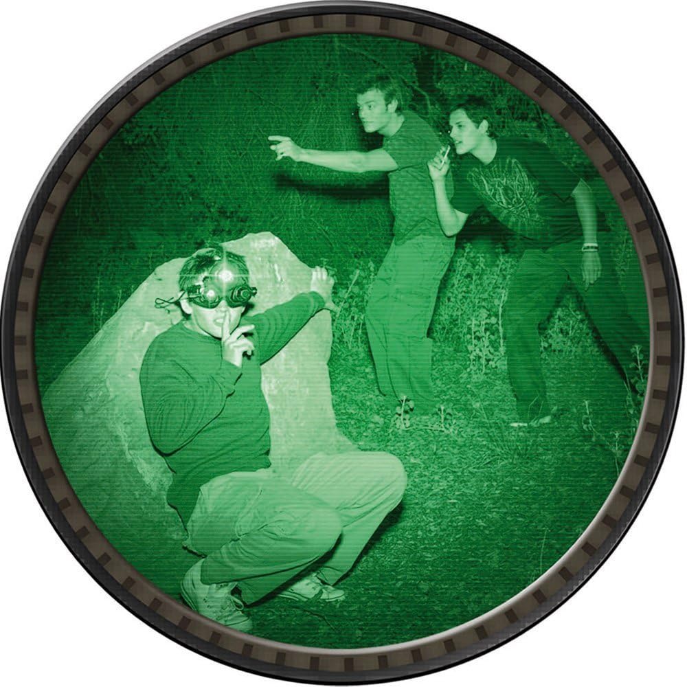 Three children using EyeClops Night Vision Goggles in a dark, green-tinted environment, simulating night vision.