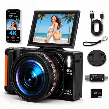 Digital Camera 4K 64MP with WIFI, 32GB SD Card for Photography and Vlogging