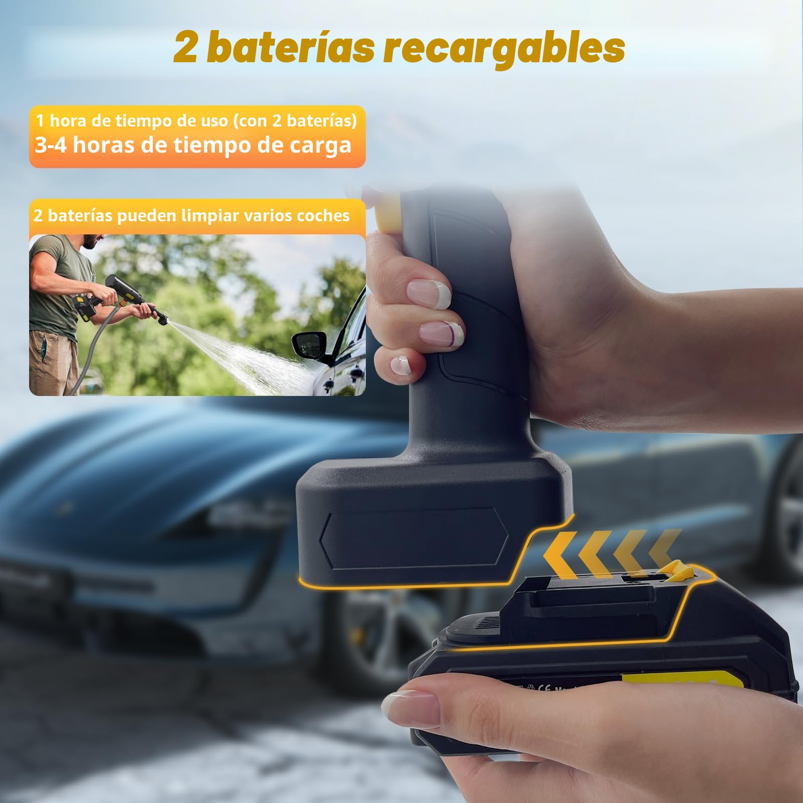 Hidrolimpiadora de Alta Presión, Hidrolimpiadora Portatil con 2 Baterías, Pistola de Agua a Presión, Incluye Boquilla 6 en 1, Pulverizador de Espuma, Manguera de 5 m, para Limpieza y Riego