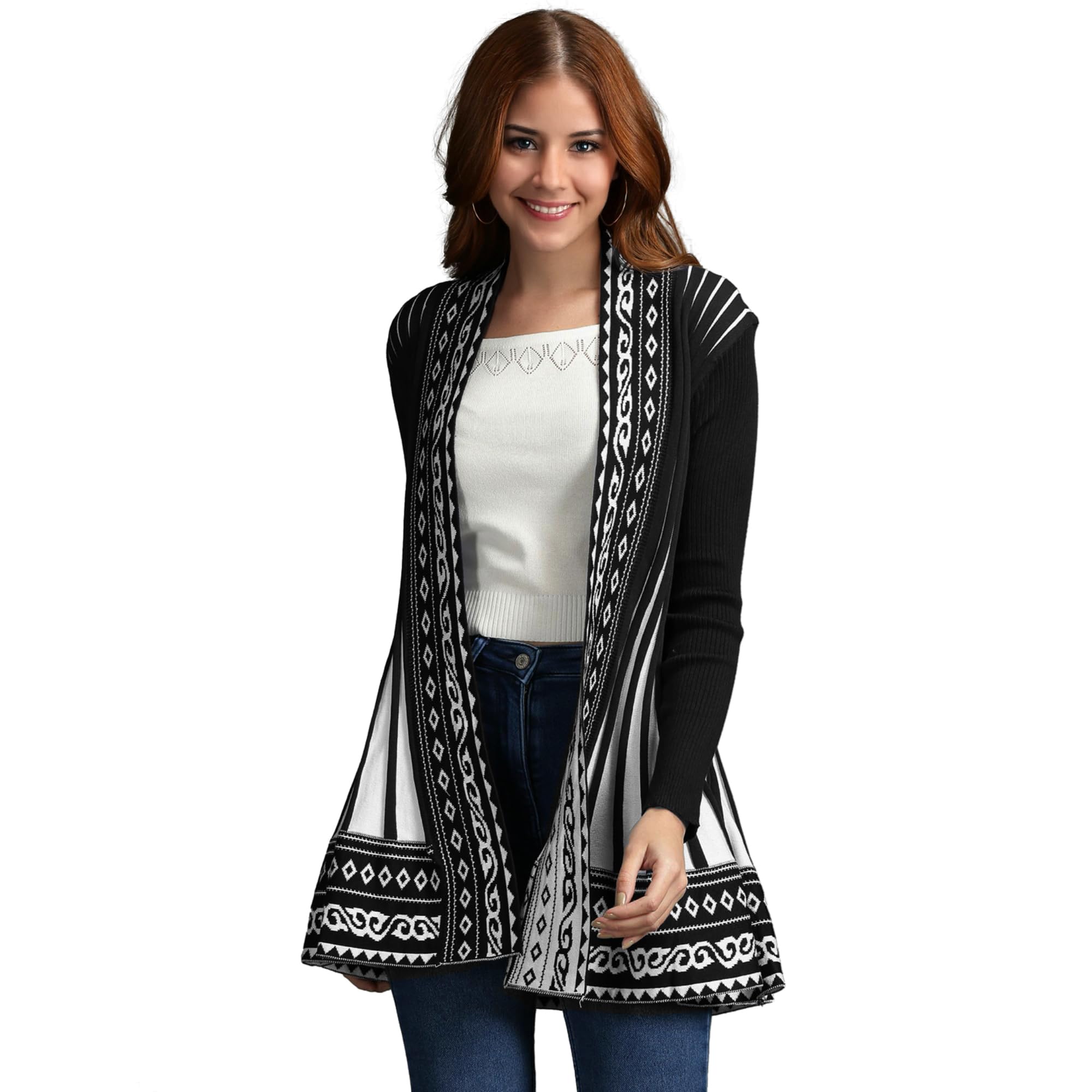 ICW Women's Knitted Stretchable Cardigan Front-Open Full Sleeve Winter Long Shrug Jacket (ONE Size FIT to 32-38 INCH Bust)
