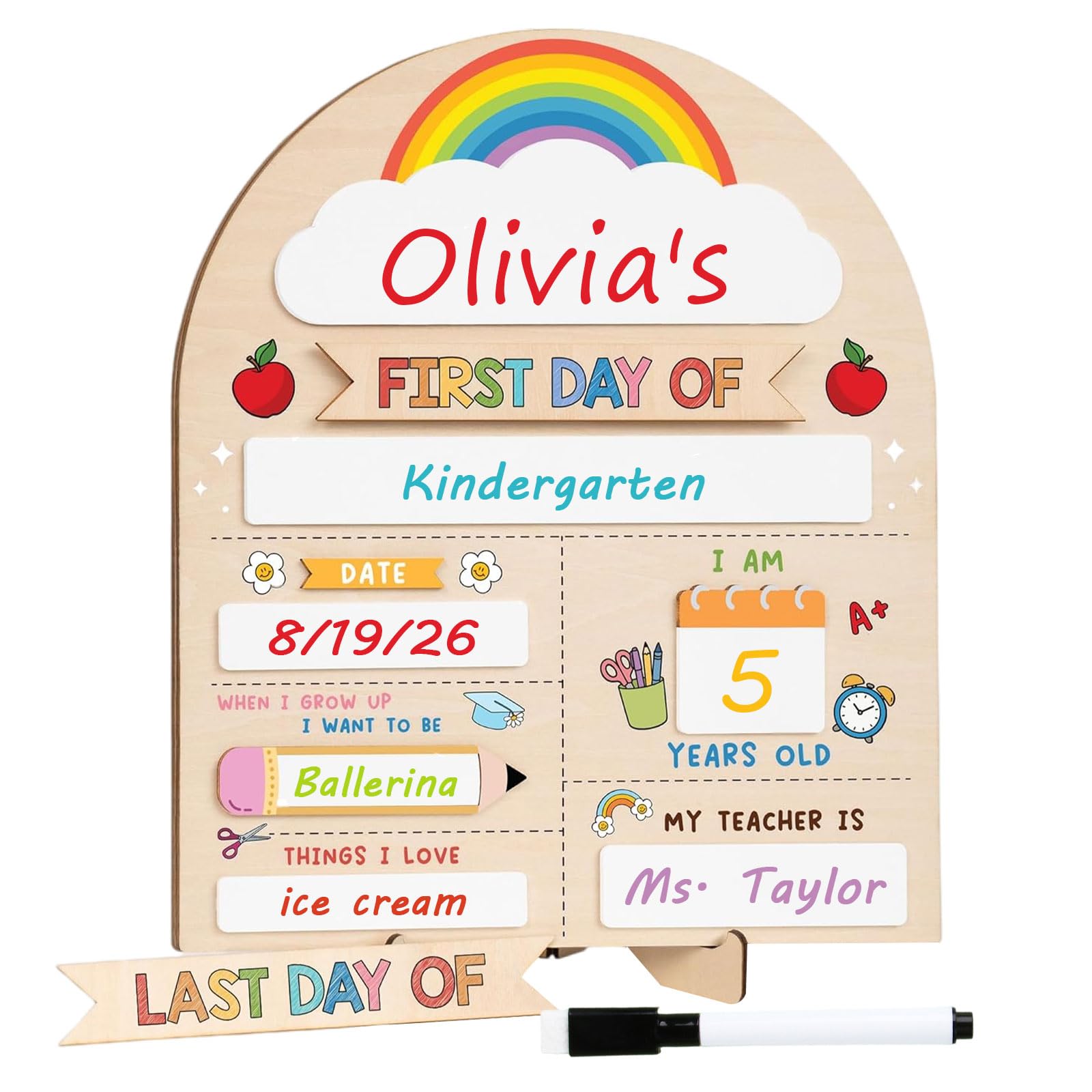 First Day of School Board Sign 12"x10", First & Last Day of School Chalkboard with Stand & Marker, Reusable Back to Class Wooden Chalkboard for Preschool, Pre-K, and Kindergarten (White)