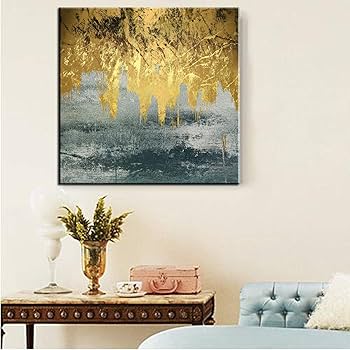 Amazon｜抽象的な金箔白いブロックキャンバス絵画ファション