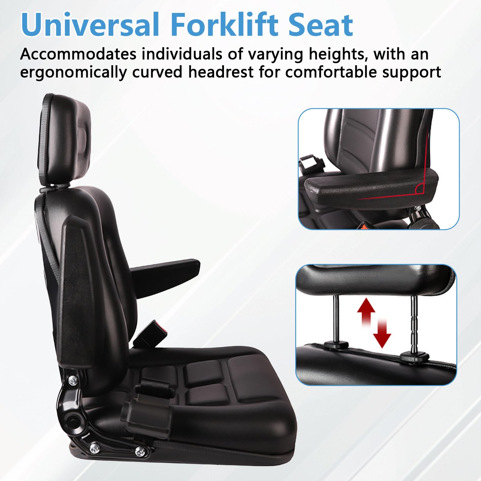 Asiento universal para tractor, asiento plegable para carretilla elevadora con respaldo ajustable y cinturón de seguridad, reposacabezas ajustable en 3 posiciones, reposabrazos plegables y rieles