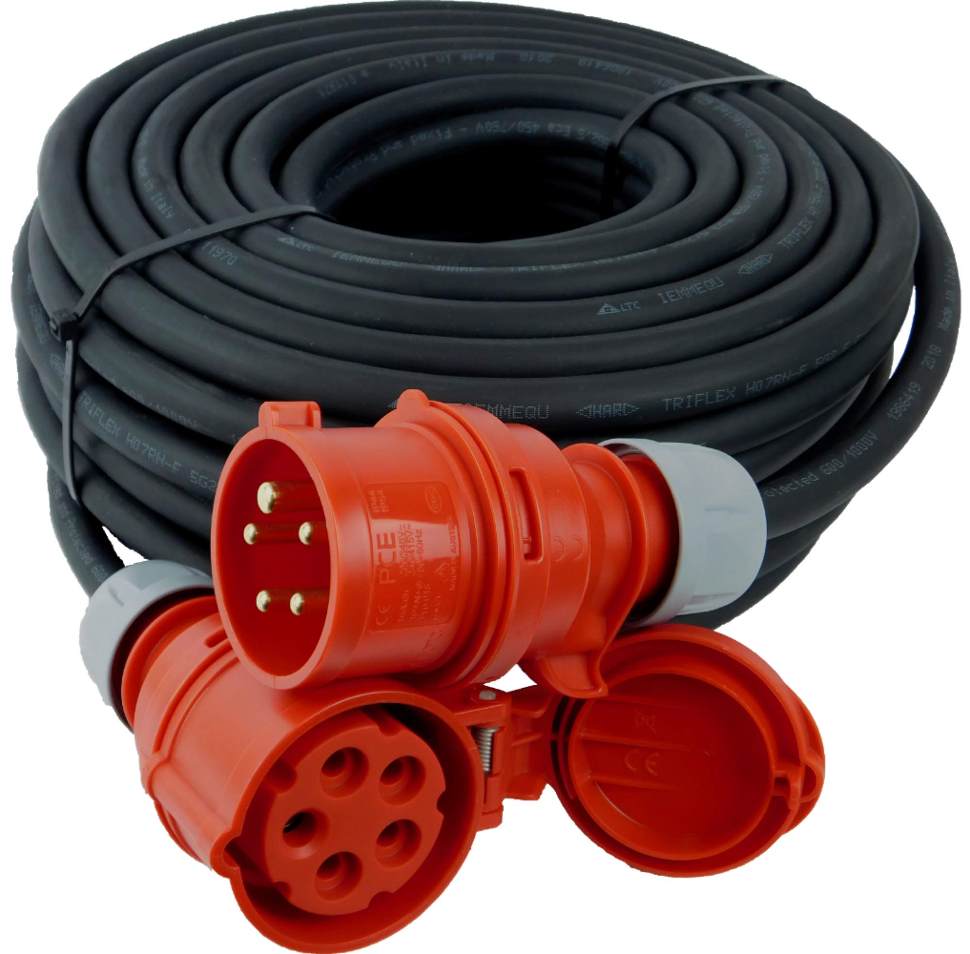 NWP CEE-Verlängerung 20m 400V 16A, Schwarz, IP44 5x2,5 mm² H07RN-F - Gummischlauchleitung, Verlängerungskabel für Baustelle, Industrie, Außenbereich