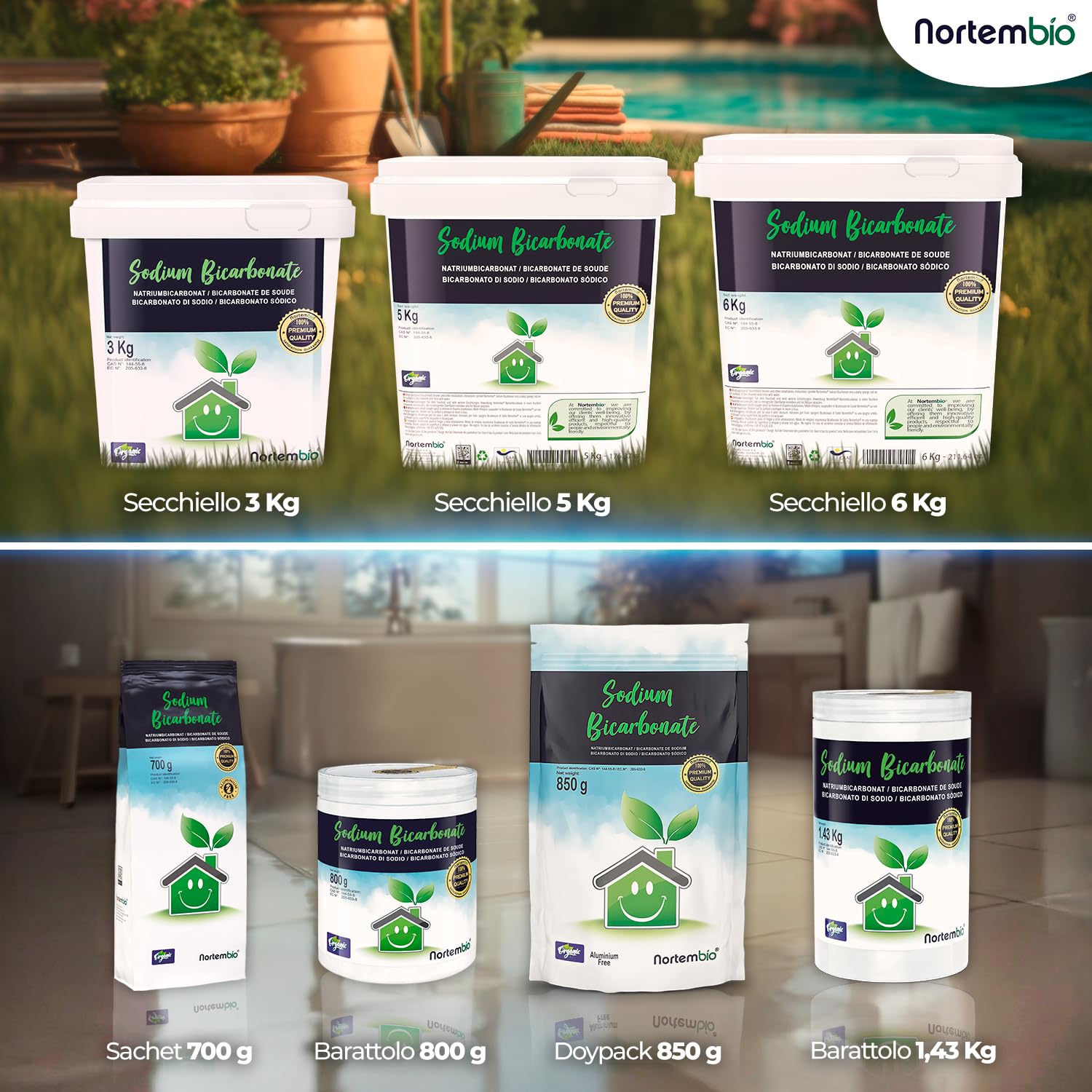 Nortembio Bicarbonato di Sodio 5 Kg 100% Naturale per Pulizia Multiuso. Senza Alluminio. Elimina Odori e Sporco. Cucina, Bagno, Tessuti. E-Book Incluso