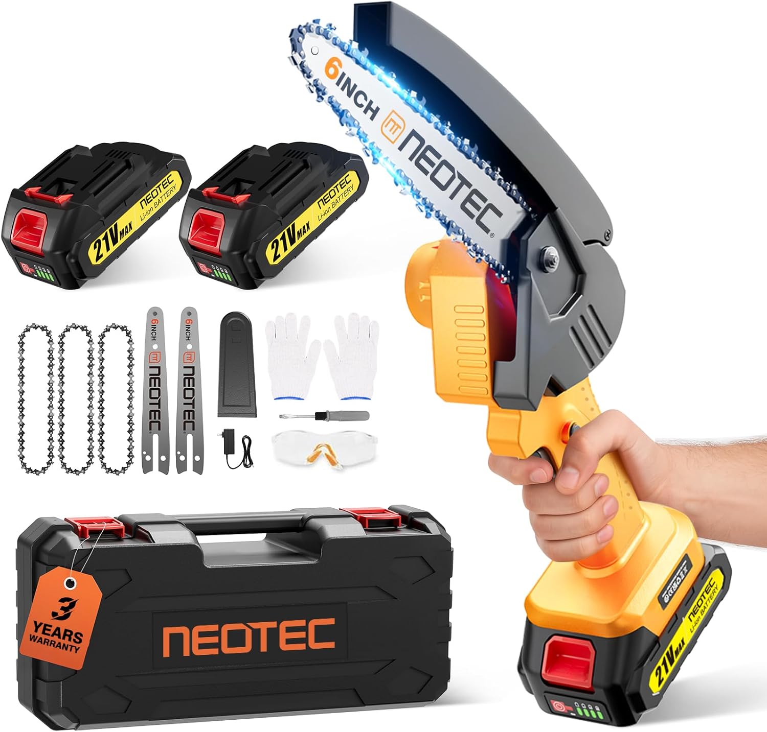 Mini Chainsaw Cordless 6-inch, NEOTEC Handheld Electric Chainsaw 4000mAh Battery Powered with Dual Security Lock, Mini Chain Saw for Tree Trimming Wood Cutting (2 Batteries+3 Chains+2 Bars) 2 Batteries+2 Guide Bars+3 Chains