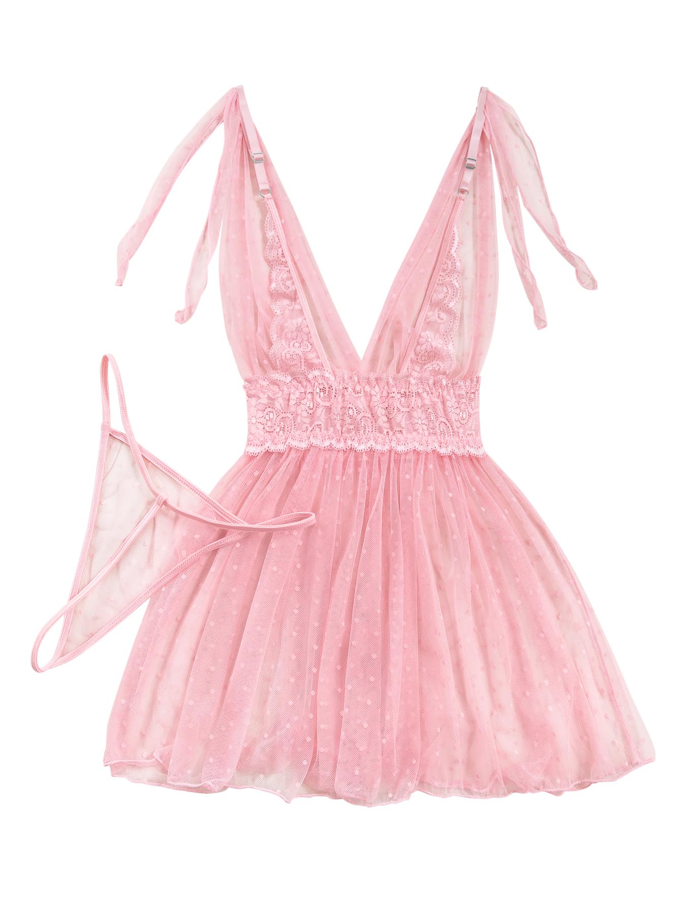 Lilosy Sexy Polka Dots Mesh Sheer Lace Babydoll Chemise Lingerie Set Floral Sleep Wear: Medium Pink