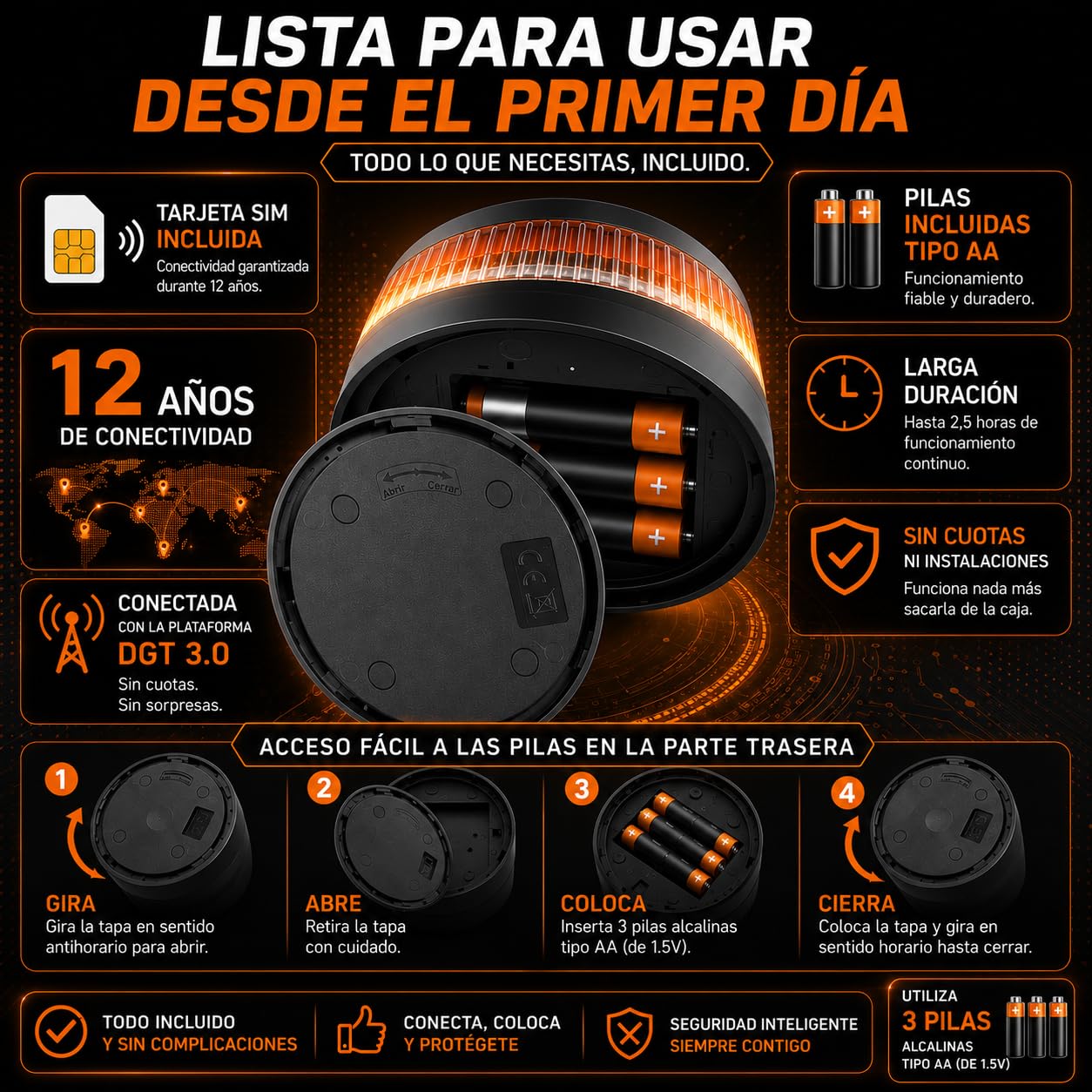 TIENDA EURASIA - Baliza V16 Homologada Dgt con Geolocalizador | Luz de Emergencia Coche | Incluye Tarjeta Sim 12 Años | Base Magnética | Impermeable IP54 | Pilas Incluidas (Pack 2)