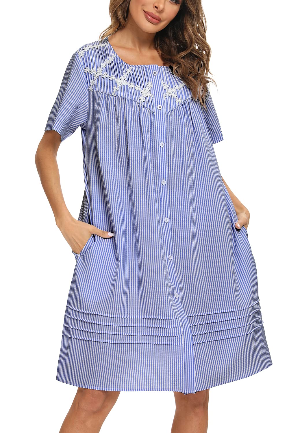 AVIIERSleep Shirts Women Short Sleeve Button Sleepwear Lace Trim Nightshirt Nursing Pajamas Dress S-XXL