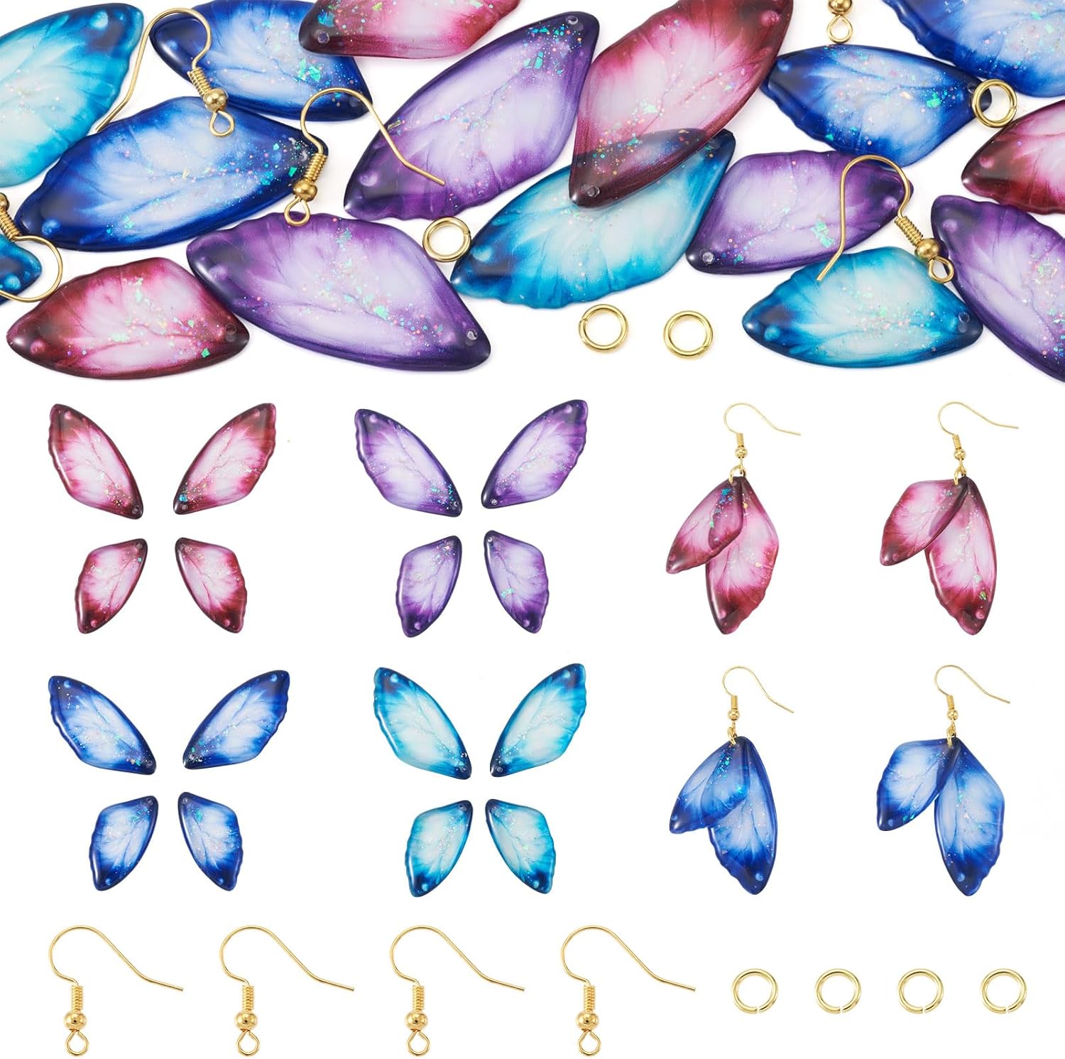 16 Pcs Resin Butterfly Wing Charms Cute Fairy Wing Charms DIY Insect Dragonfly Wings Pendants Earrings Making Kit with 20 Pcs Jump Rings Earring Hooks for Women Jewelry Making