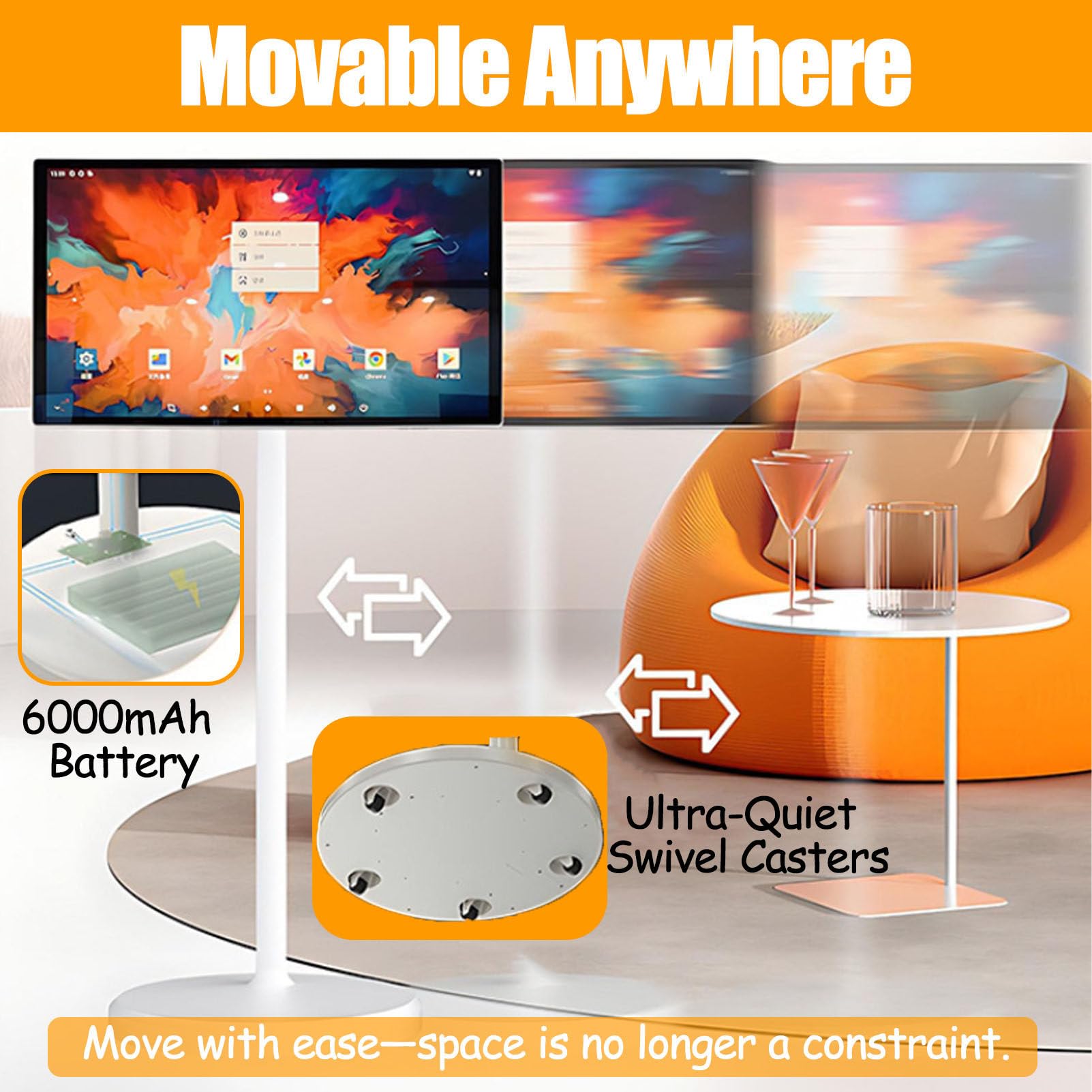 Monitor touch screen intelligente con batteria integrata, mirroring dello schermo wireless, supporto portatile su ruote per uso ufficio