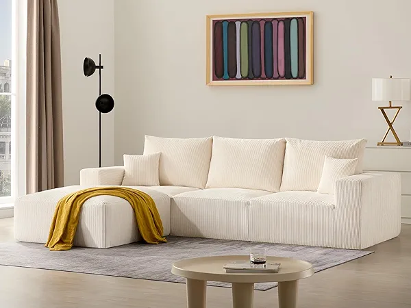Sectional Cloud Boneless Sofa Couches for Living Room-113'' Beige 3 Seater L-Shaped Modern Lounge Couch-No Assembly Modular Corduroy Convertible Sponge Sleeper Sofas with Chaise for Home House