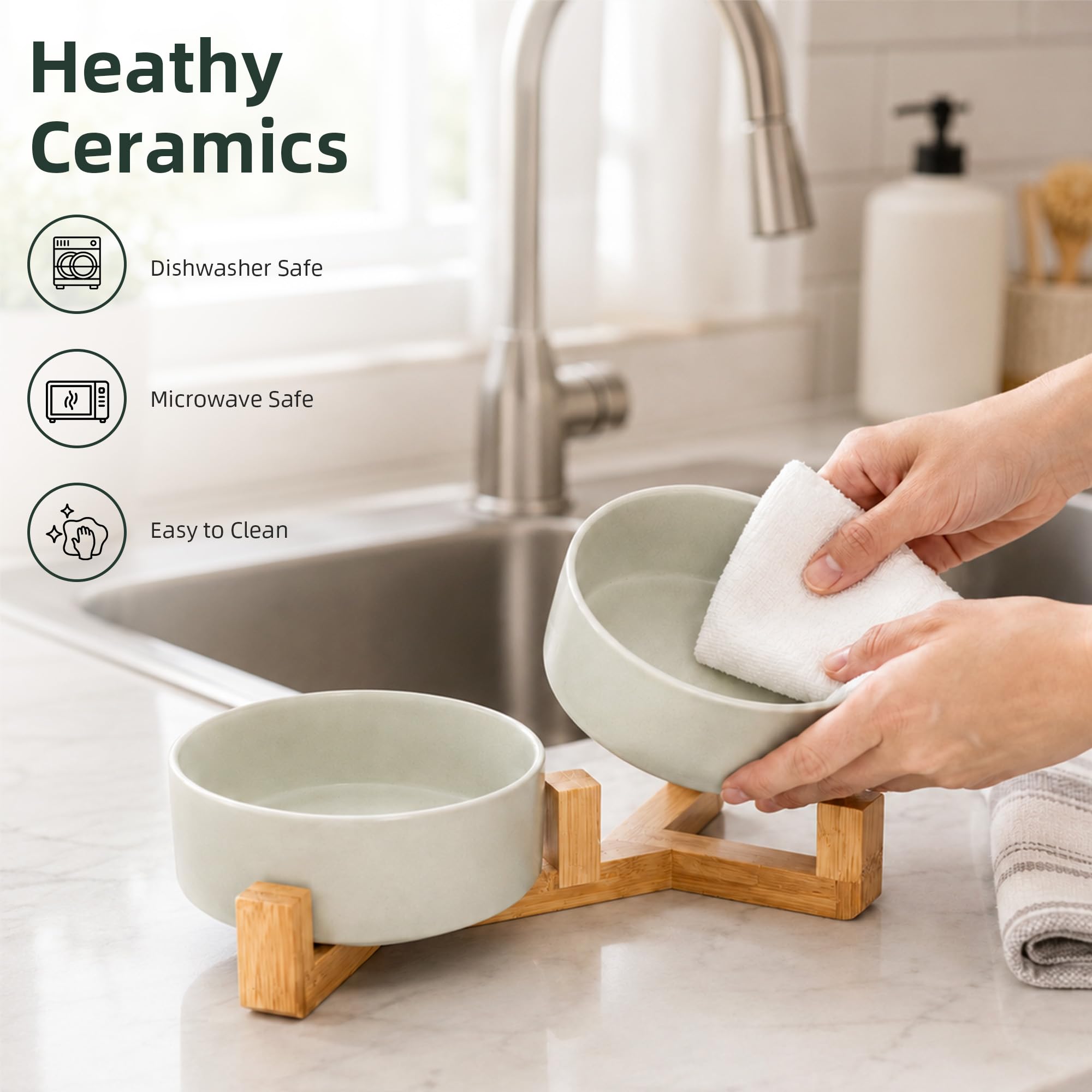 Casfuy Gamelle double antidérapante en céramique pour chien et chat avec support en bambou, 1,7 tasse