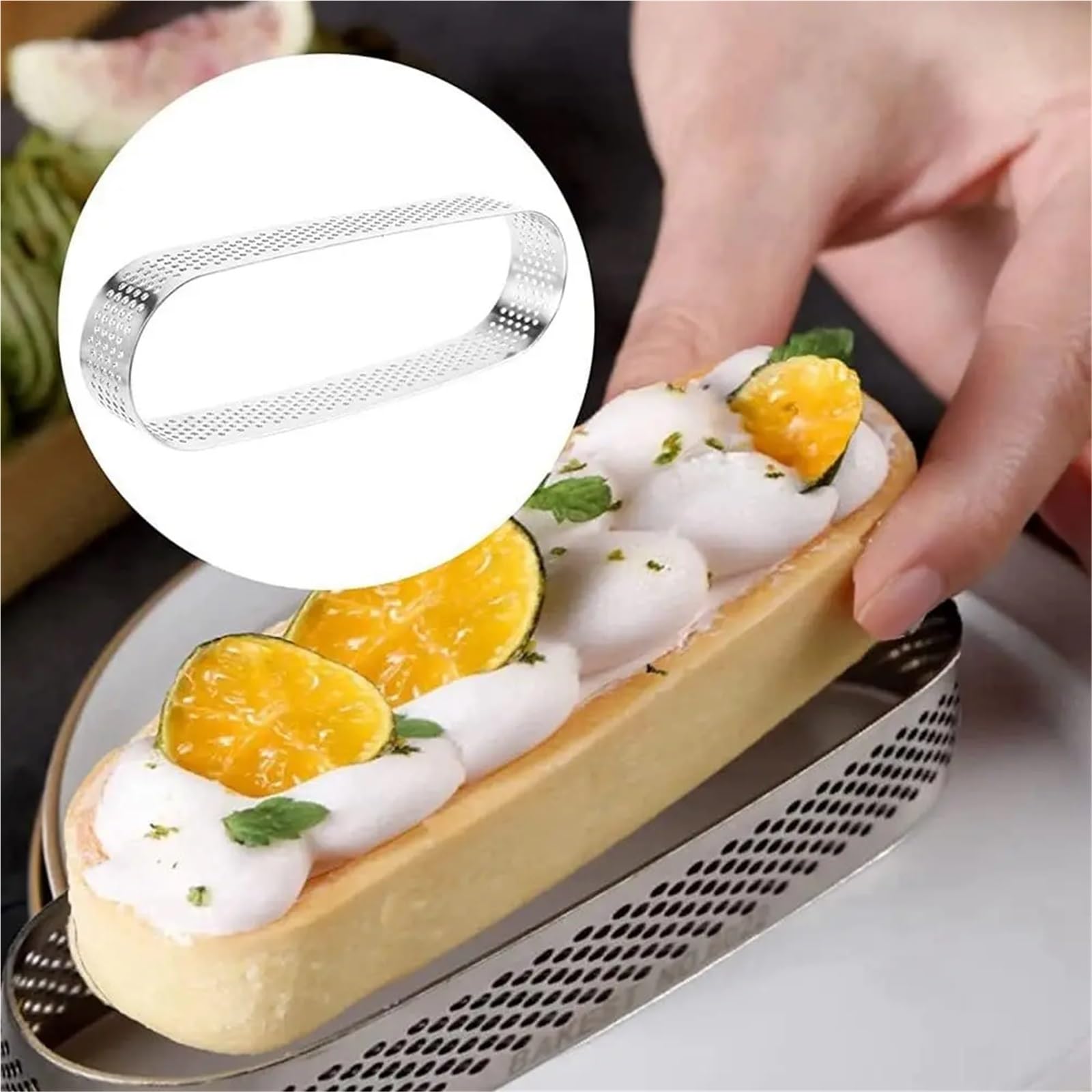 Anillo Para Tartas Molde poroso for pastel de Mousse, de acero inoxidable, ovalado, plateado, for postre, pastel de fruta, corteza de tarta de fruta pequeña, Quiche, 6 uds.