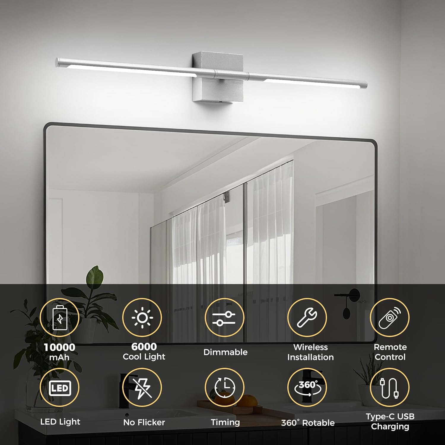L LOHAS LED Battery Operated Wall Sconces Set of 2, Battery Wall Sconce 10000mAh, Nickel Rechargeable Sconces 6000K, 28.3 Inch Wireless Wall Lights, Sconce Wall Decor for Bedroom, Living Room
