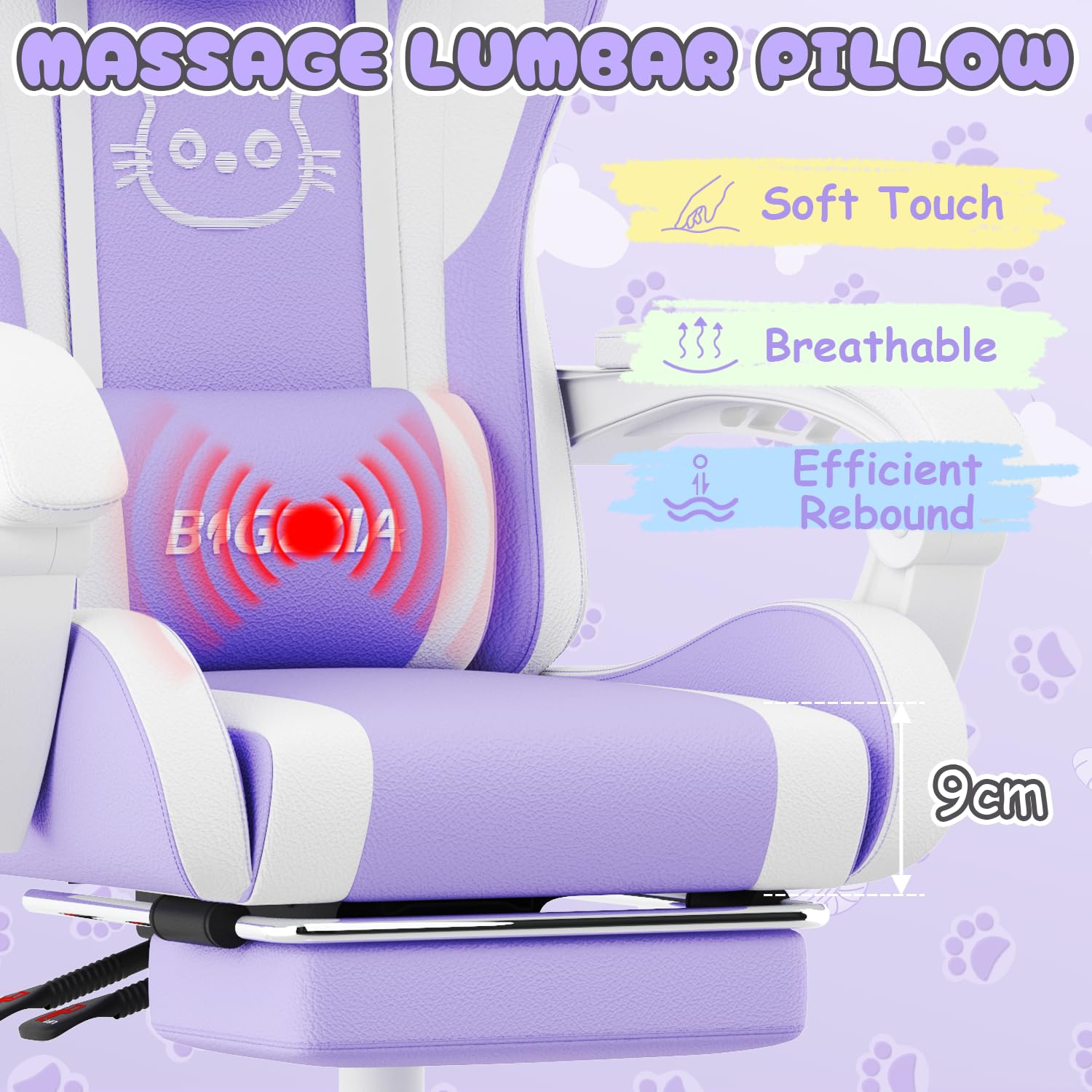 bigzzia Chaise de Gaming Ergonomique avec Oreilles de Chat pour Filles et Adultes, Chaise de Jeu d'ordinateur réglable en Hauteur avec Appui-tête et Support Lombaire de Massage (Violet et Blanc)