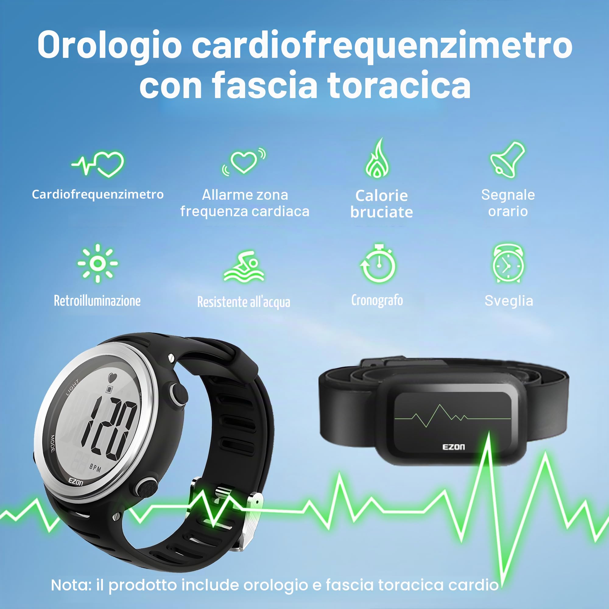 EZON Cardiofrequenzimetro e fascia toracica, cardiofrequenzimetro, orologio sportivo con HRM, impermeabile, cronometro, carillon orario T007