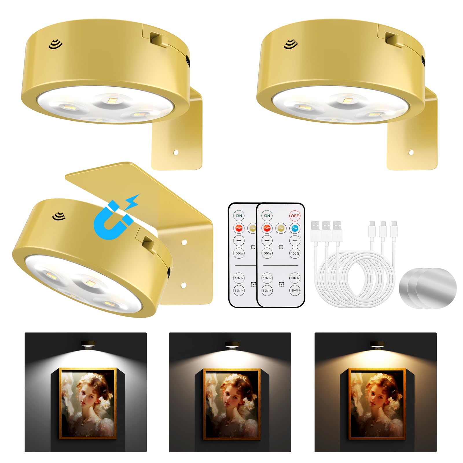 Tututry Picture Lights for Wall, Rechargeable Battery Operated Wireless Magnetic Painting Lights with Remote Dimmable and Timer, Wall Decor Lights with 3 Lighting Modes for Art Display (Golden, 3Pack)
