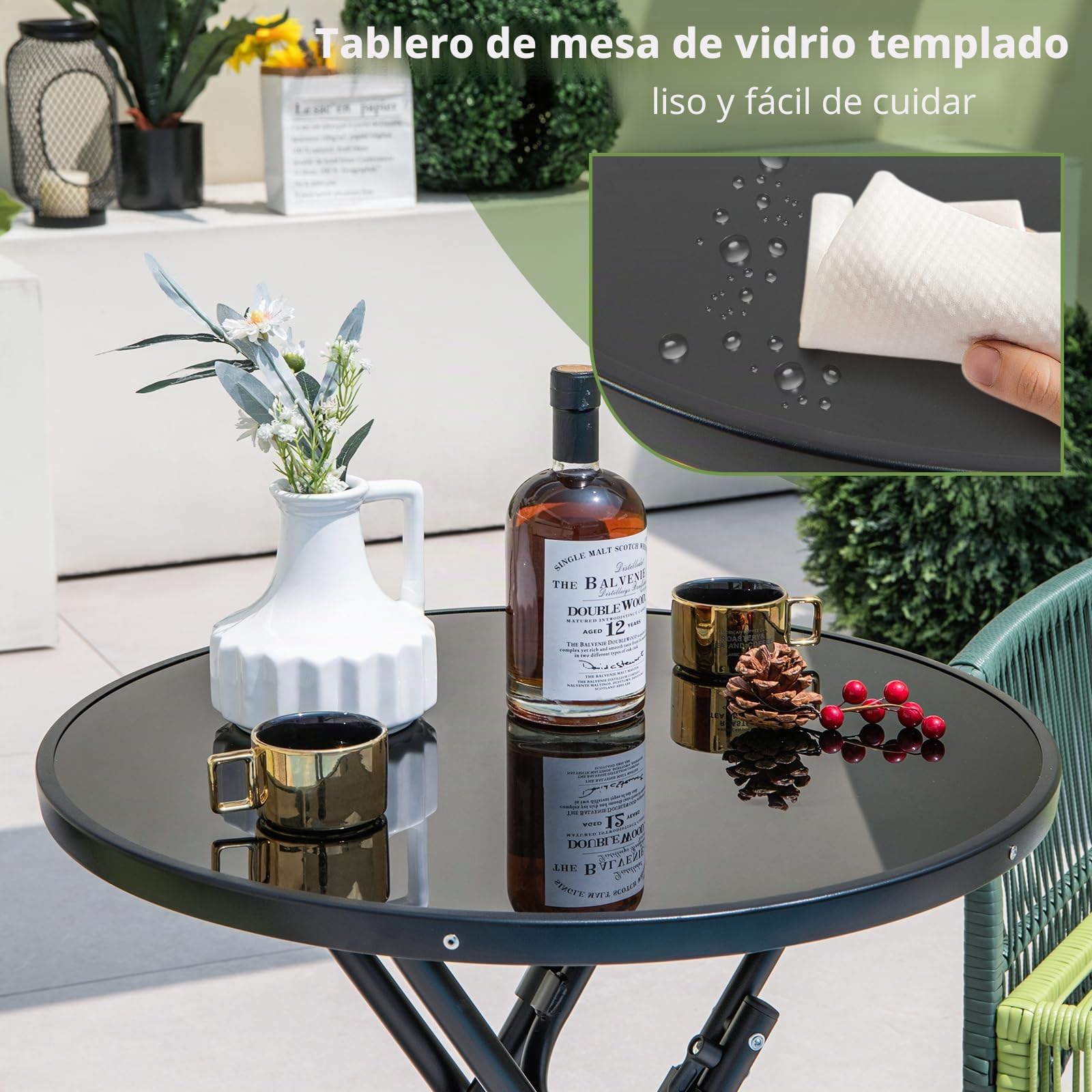 GOPLUS Mesa auxiliar redonda, diámetro de 59 cm, mesa de jardín plegable de metal y cristal templado, mesa de balcón, pequeña resistente a la intemperie, mesa de café, mesa de café, mesa de comedor,