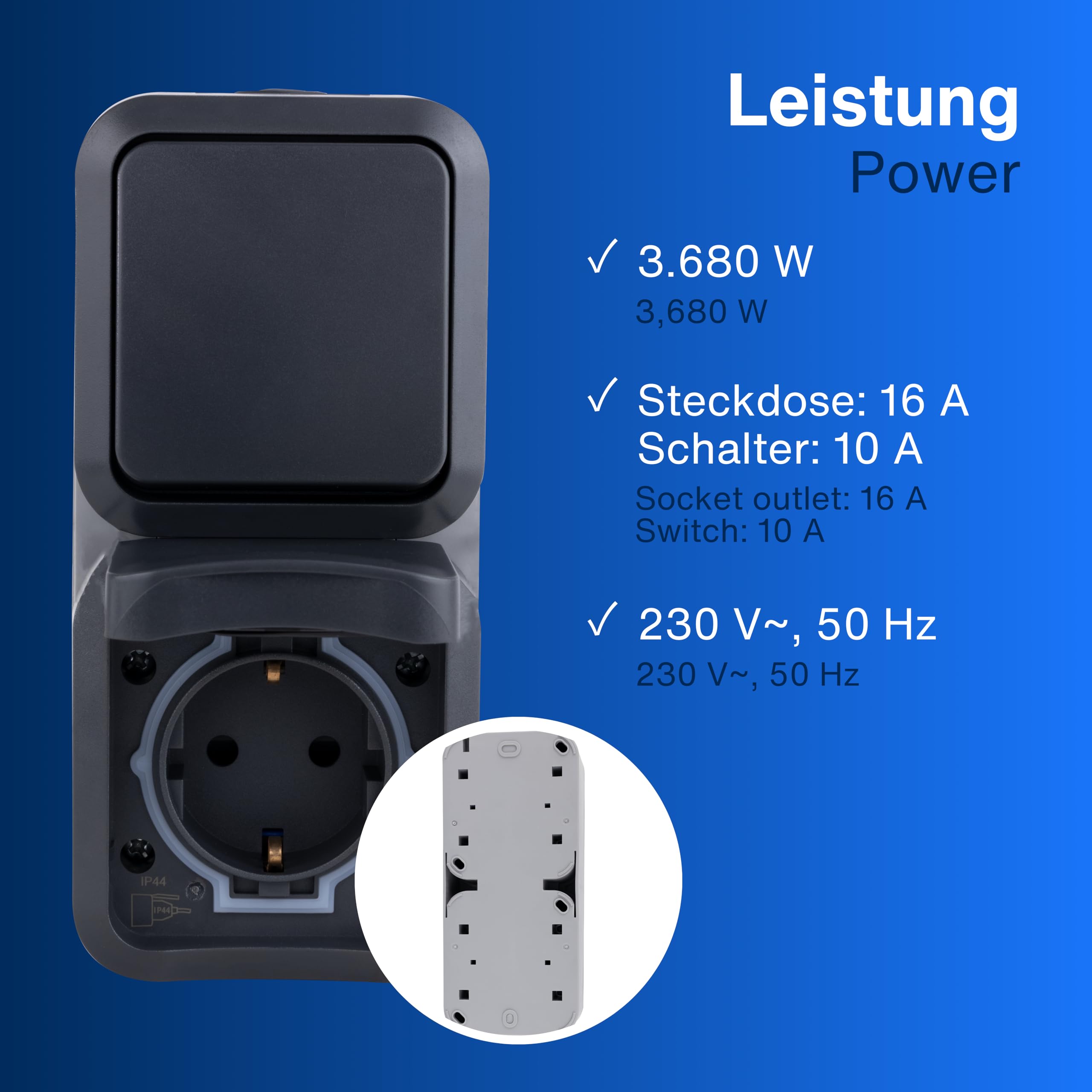 REV AquaStorm - Juego de 5 enchufes con interruptor de luz, para ambientes húmedos, IP55, vertical, 230 V, 16 A, antracita
