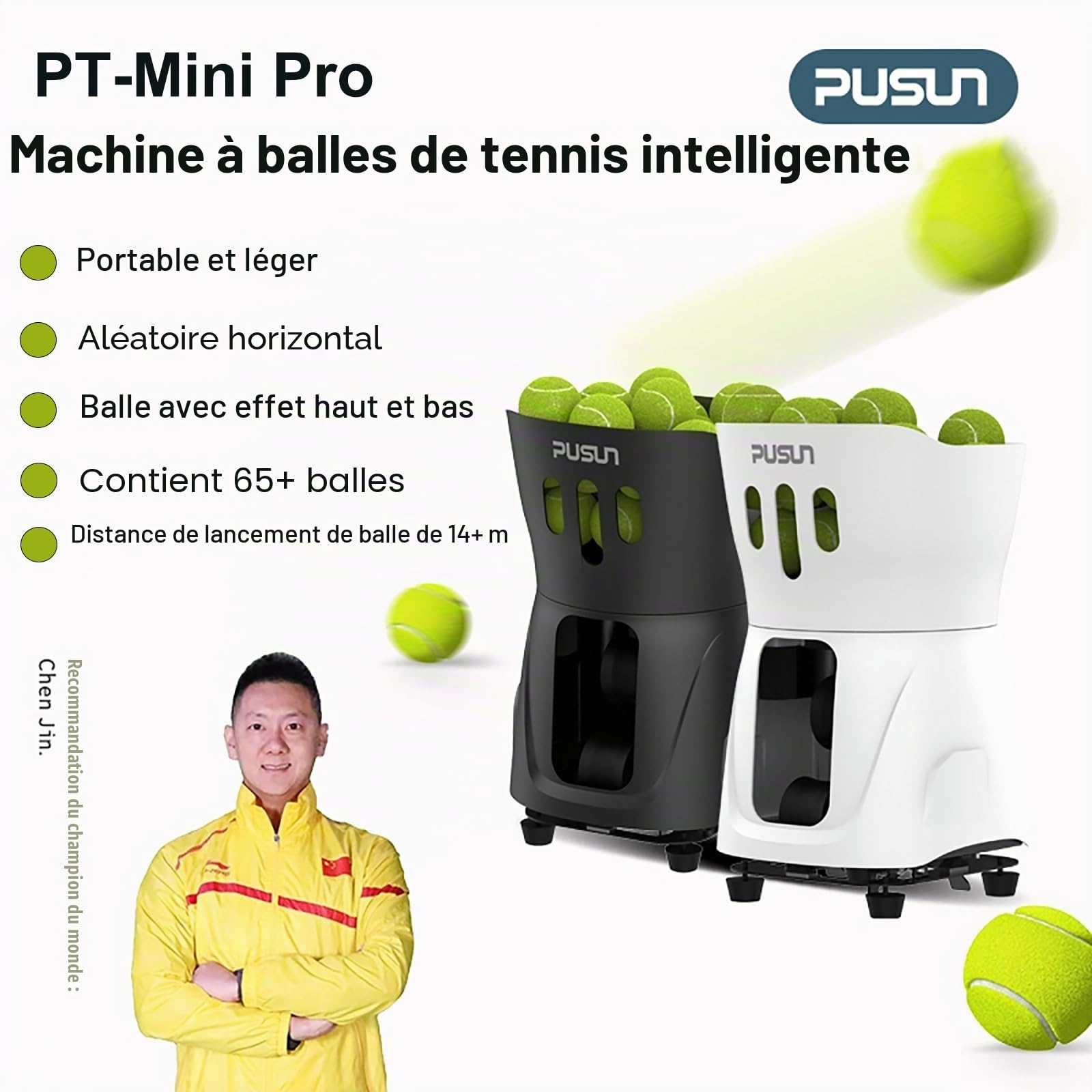 PUSUN PT-Mini Pro Machine de Lancement Portable pour Pratique et Entraînement, Prise en Charge App, Réglage à Distance Vitesse Angle, Capacité 65+ Balles
