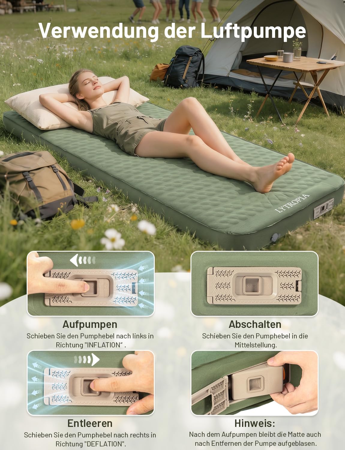 Isomatte Selbstaufblasend aus Schaumstoff mit Eingebaute Elektrische Pumpe, 10CM Dicker luftmatratze Camping Aufblasbar, Selbstaufblasbare Luftmatratze für Camping, Strand,Outdoor, Zelt, Auto