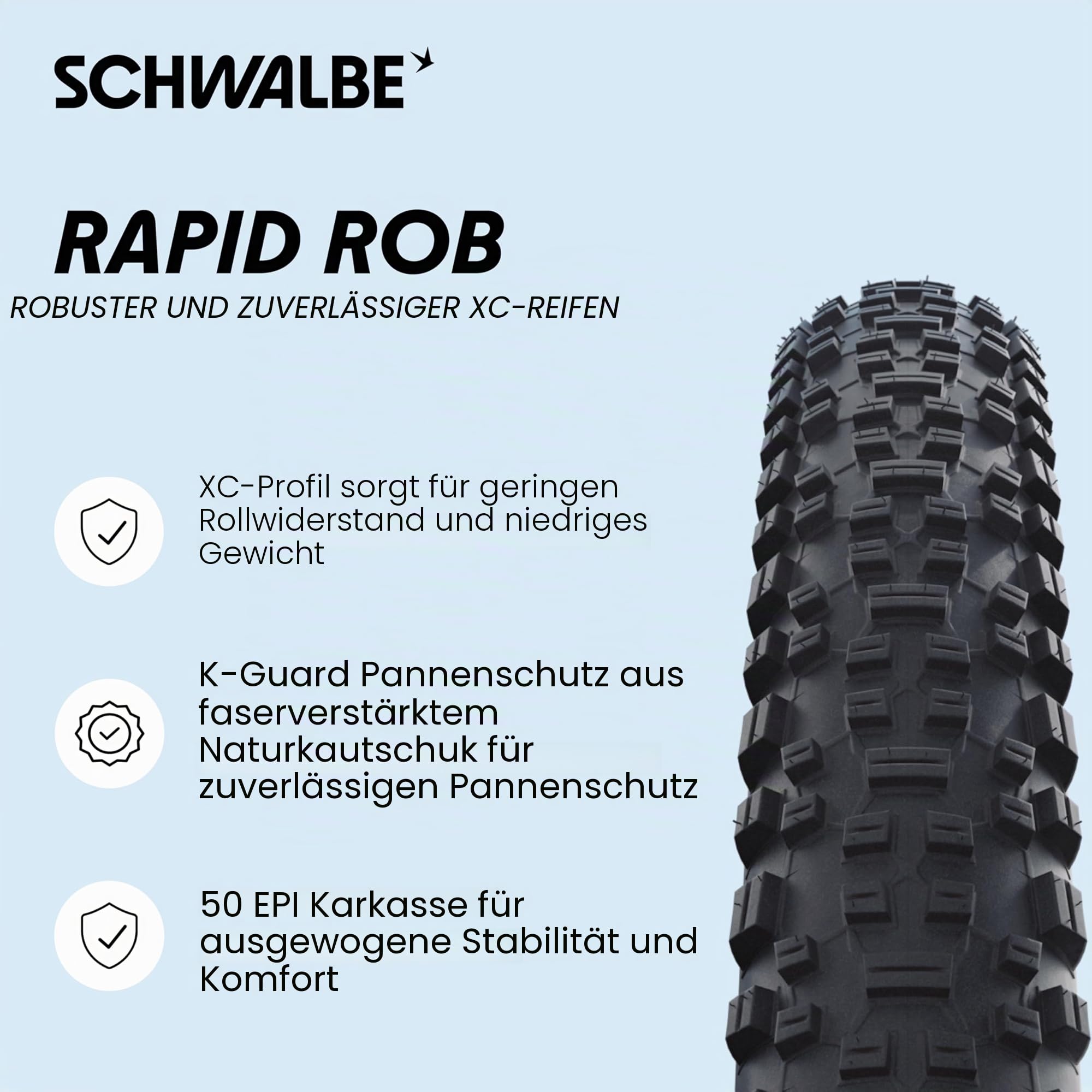 Schwalbe Rapid Rob MTB Fahrradreifen – 26/27.5/29 Zoll – XC-Profil, K-Guard Pannenschutz – Hinterradreifen Mountainbike – Schwalbe Reifen MTB Sport & Freizeit